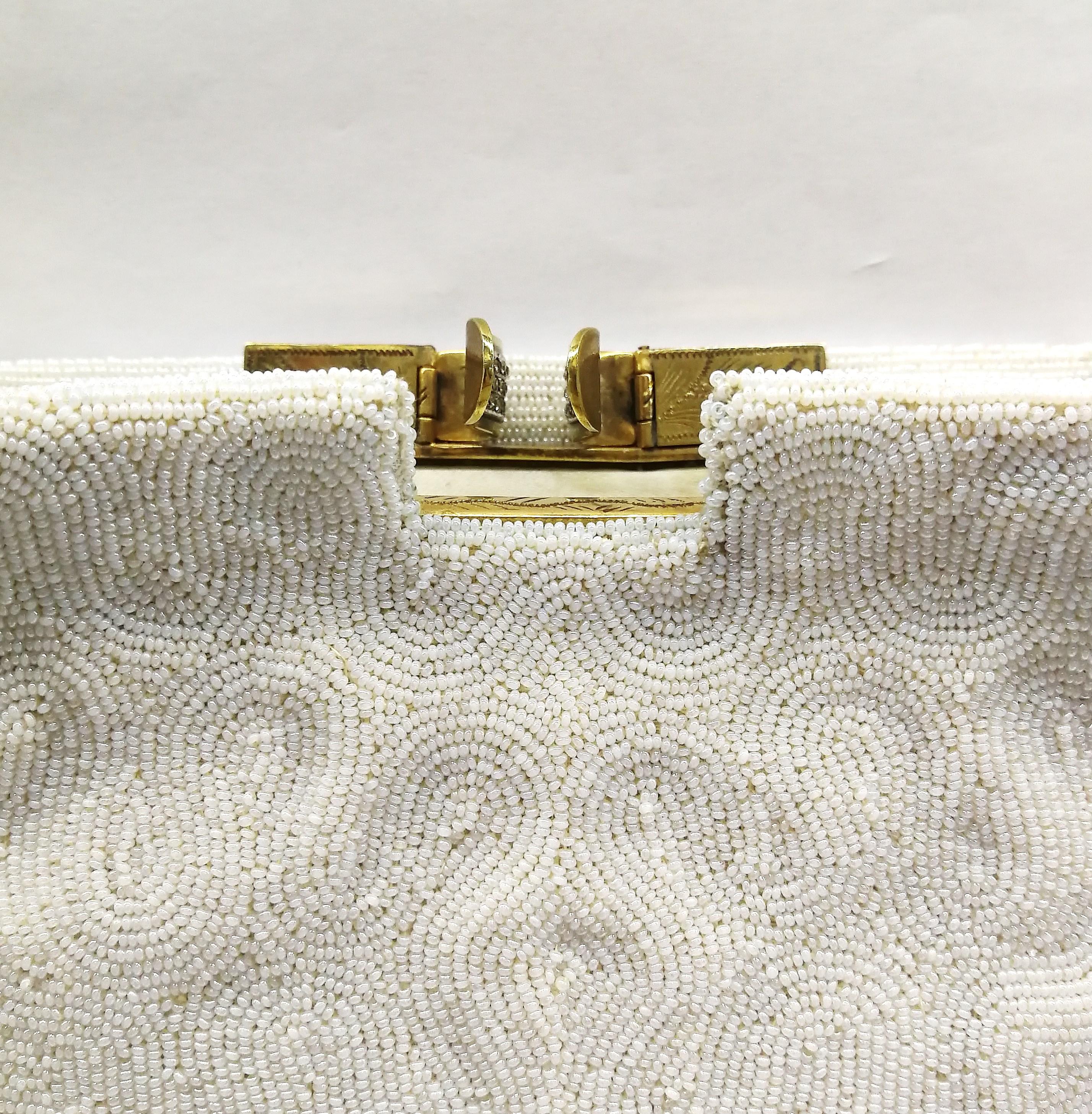 Gray A white micro beaded evening bag, for Saks Fifth Avenue, France, 1950s. For Sale