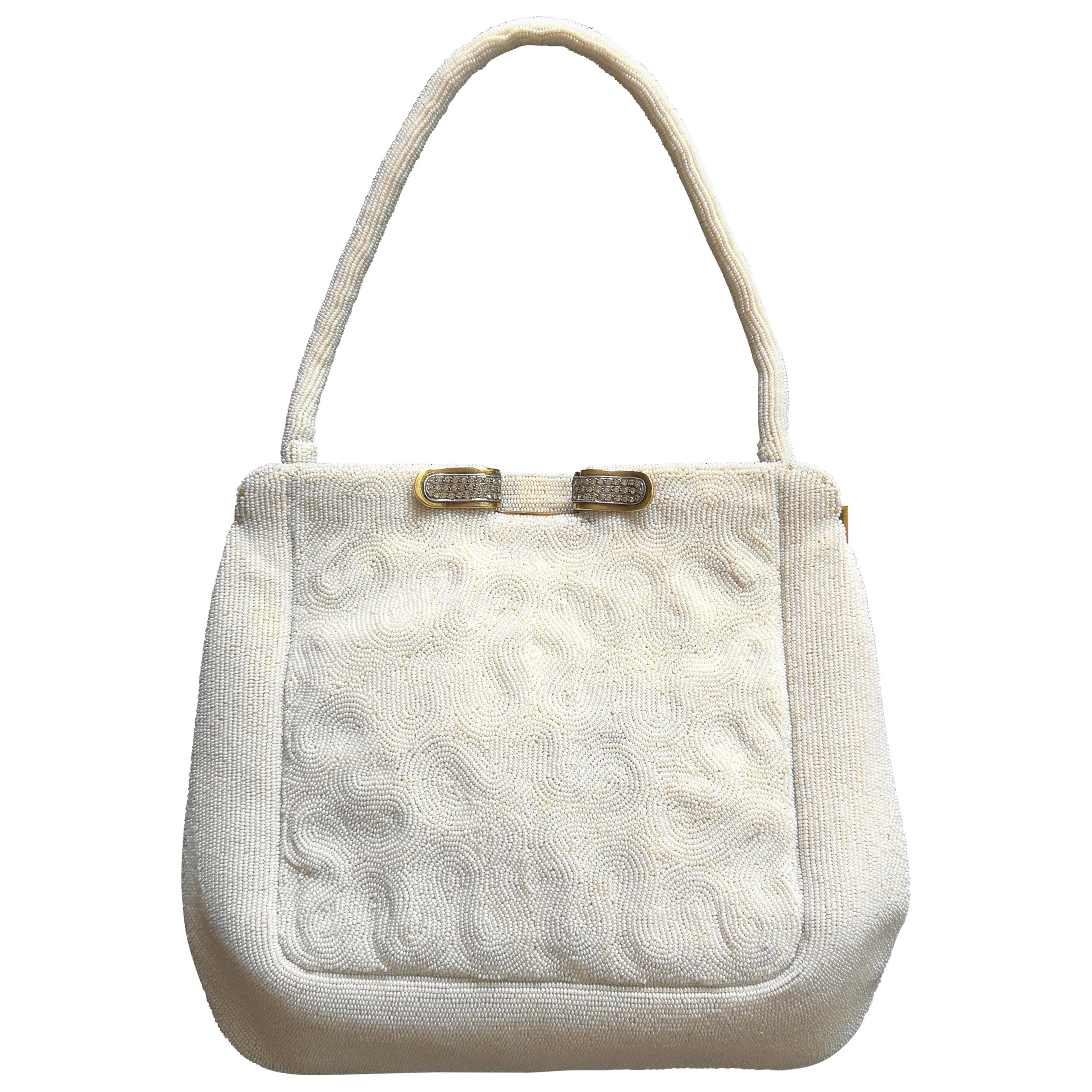 A white micro beaded evening bag, for Saks Fifth Avenue, France, 1950s. For Sale
