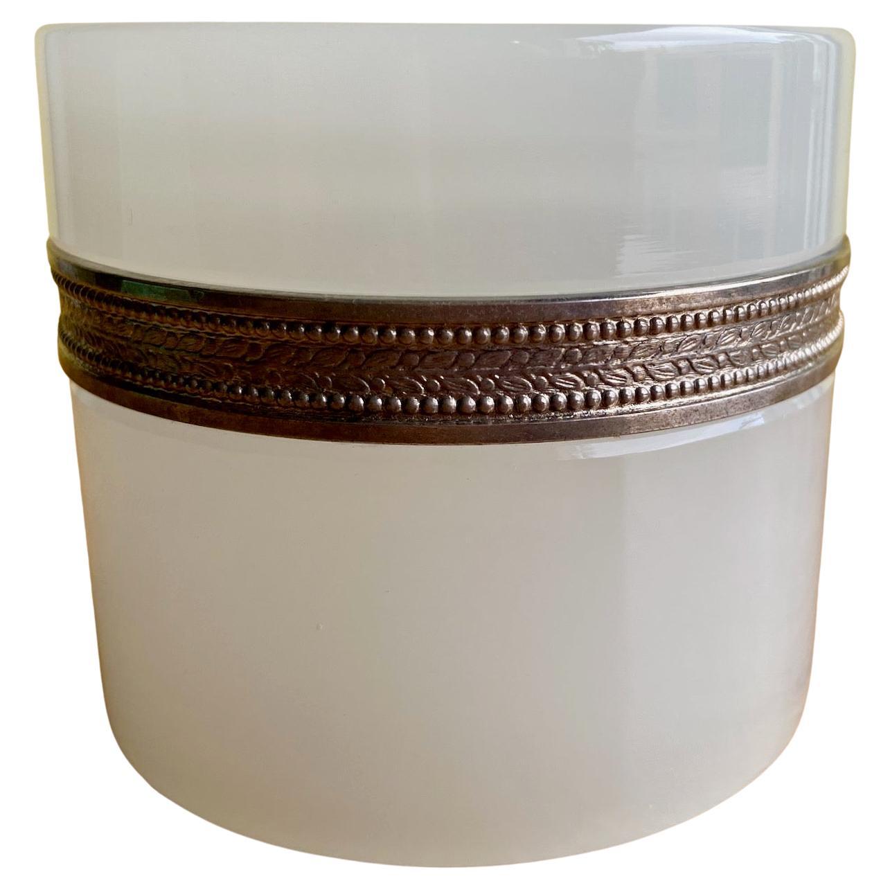 Italian White Opaline Murano Glass Box and Cover with Silvered Decorated Rim For Sale