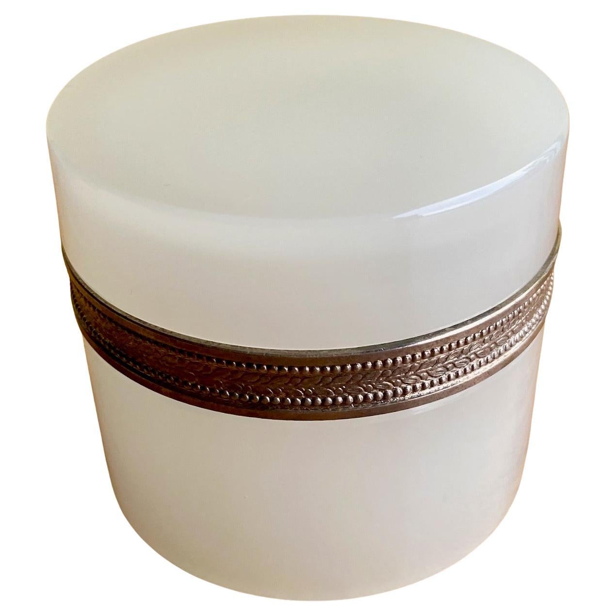 White Opaline Murano Glass Box and Cover with Silvered Decorated Rim For Sale