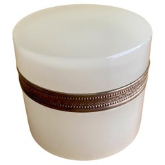 White Opaline Murano Glass Box and Cover with Silvered Decorated Rim