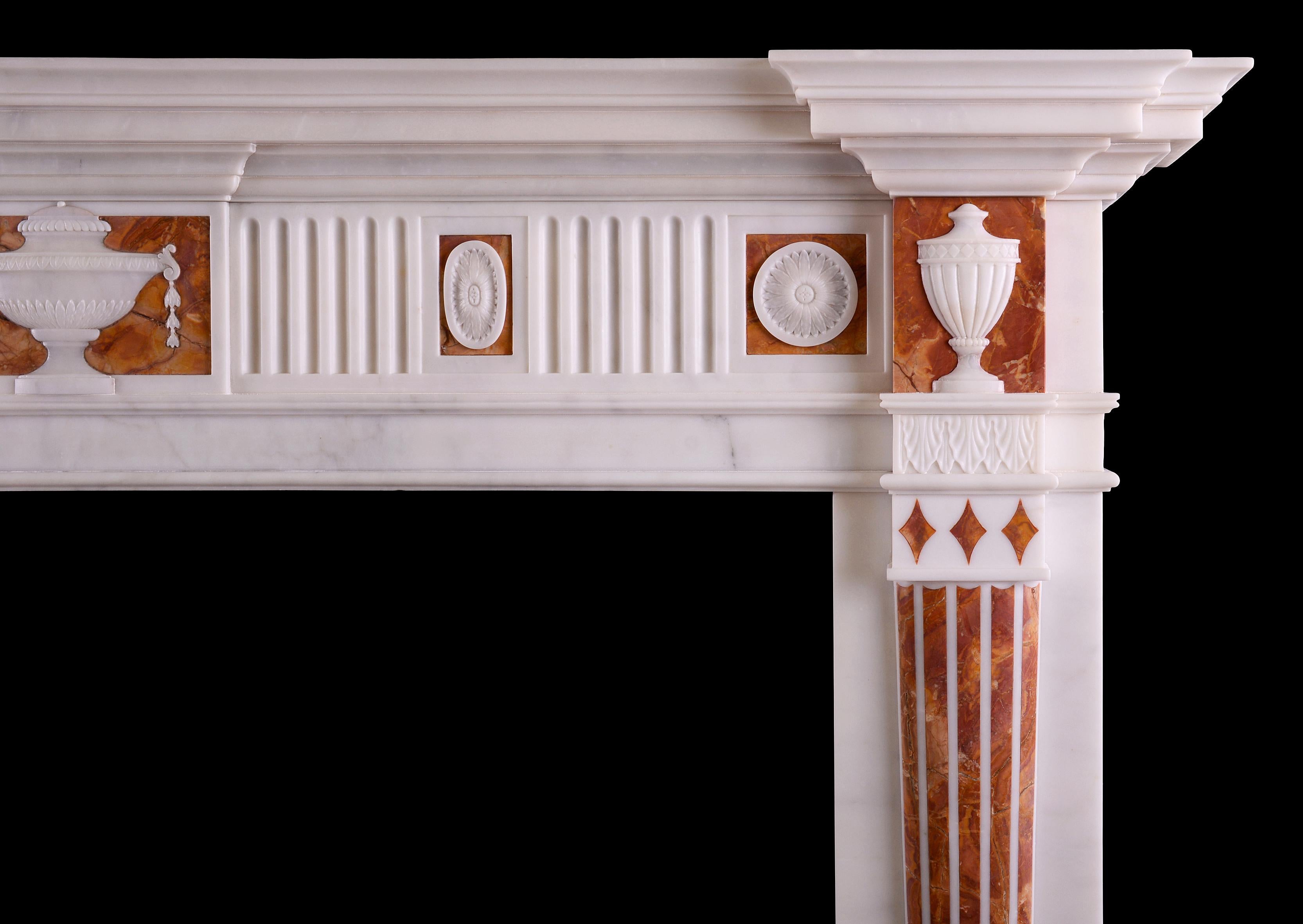 English White Statuary Marble Fireplace with Jasper Inlay in the Late Georgian Manner For Sale