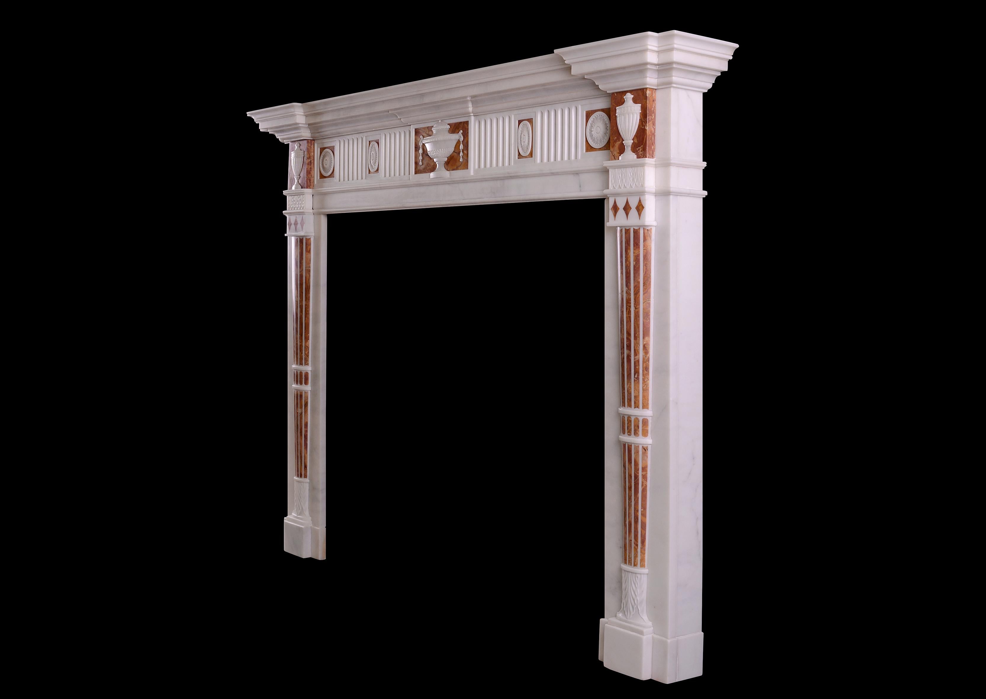 White Statuary Marble Fireplace with Jasper Inlay in the Late Georgian Manner In Good Condition For Sale In London, GB