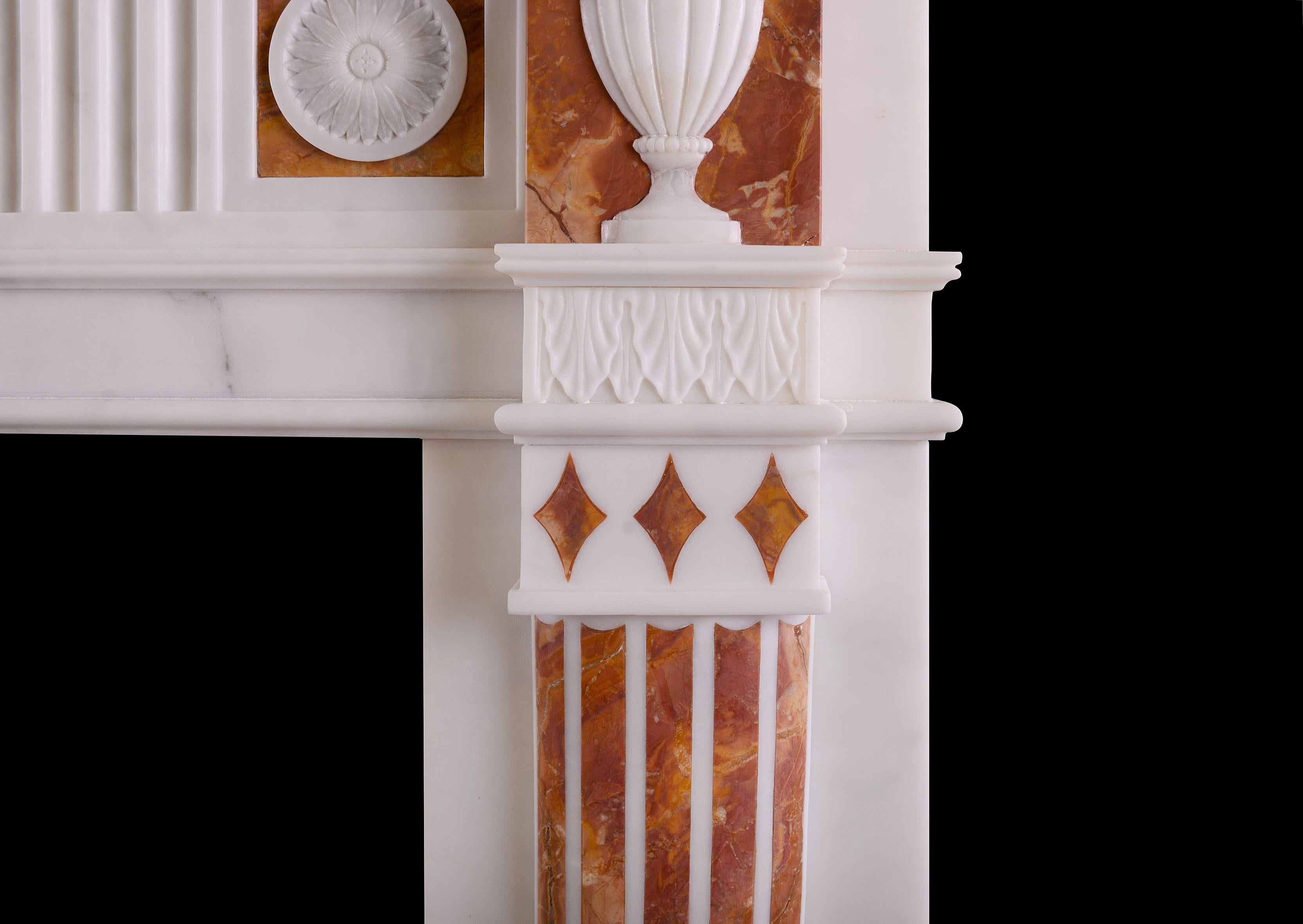White Statuary Marble Fireplace with Jasper Inlay in the Late Georgian Manner For Sale 1