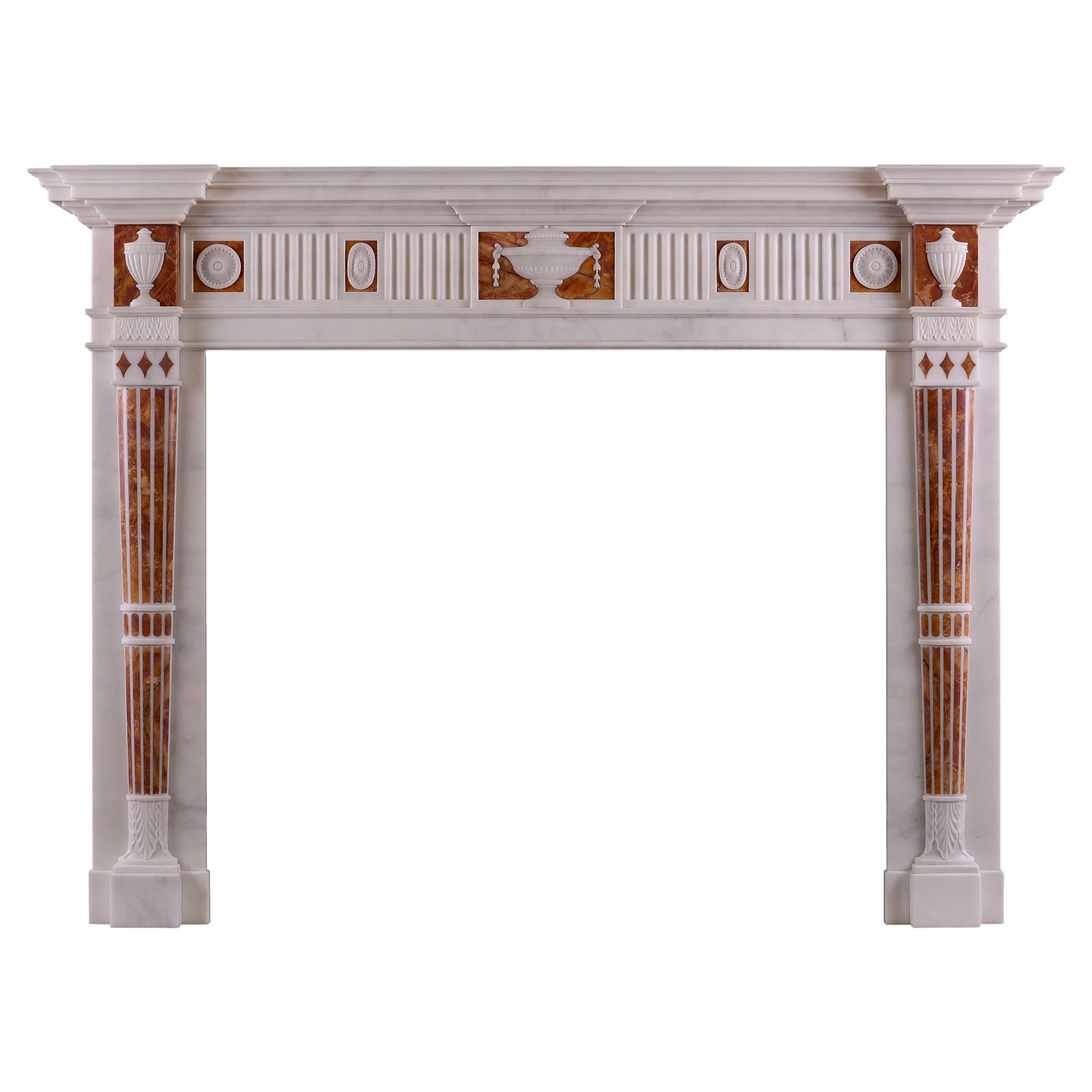 White Statuary Marble Fireplace with Jasper Inlay in the Late Georgian Manner For Sale