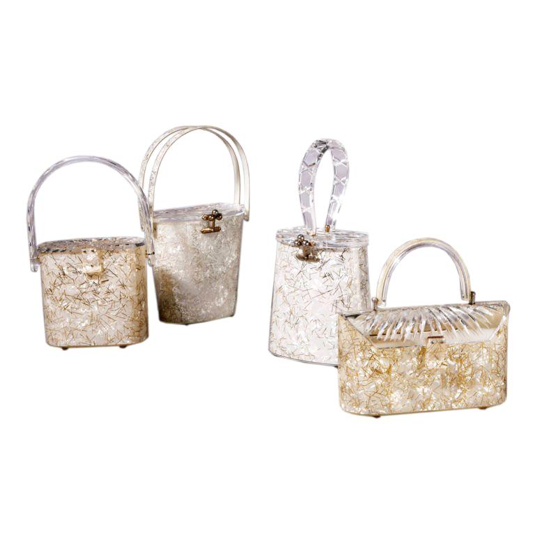 A White Tinsel Thread Cylindrical Lucite Bag by Gilli 1950s For Sale at