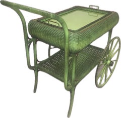 Heywood-Wakefield Wicker Serving Cart, French Green Finish, 1910, USA