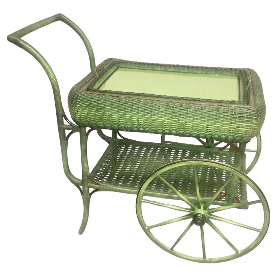 A Wicker Rolled Sided Serving Cart with Removable Tray in French Green Finish For Sale