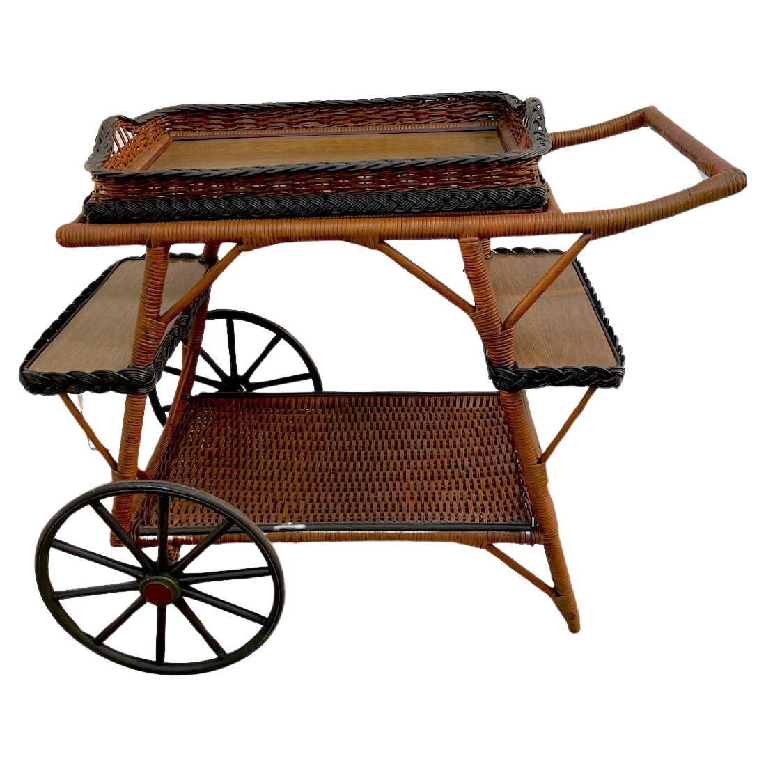 A Wicker Tea / Bar Cart With Removable Serving Tray with Bar Top Finish For Sale