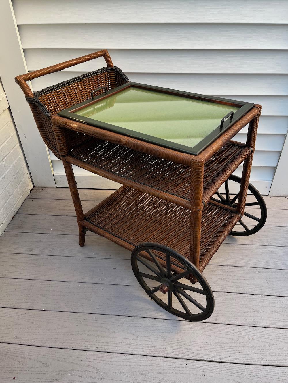 Other A Wicker Tea / Bar Cart with Serving Tray, Mid and Lower Shelf and Bottle Basket For Sale