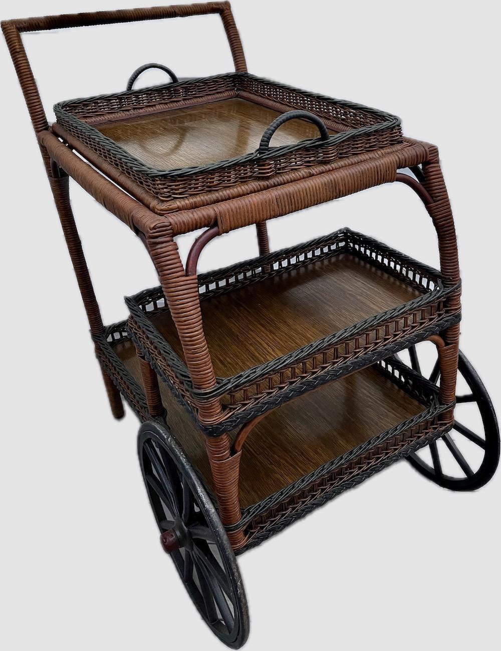 Other A Wicker Tea/Bar Cart with Serving Tray, Mid and Lower Shelf   W/ Bar Top Finish For Sale