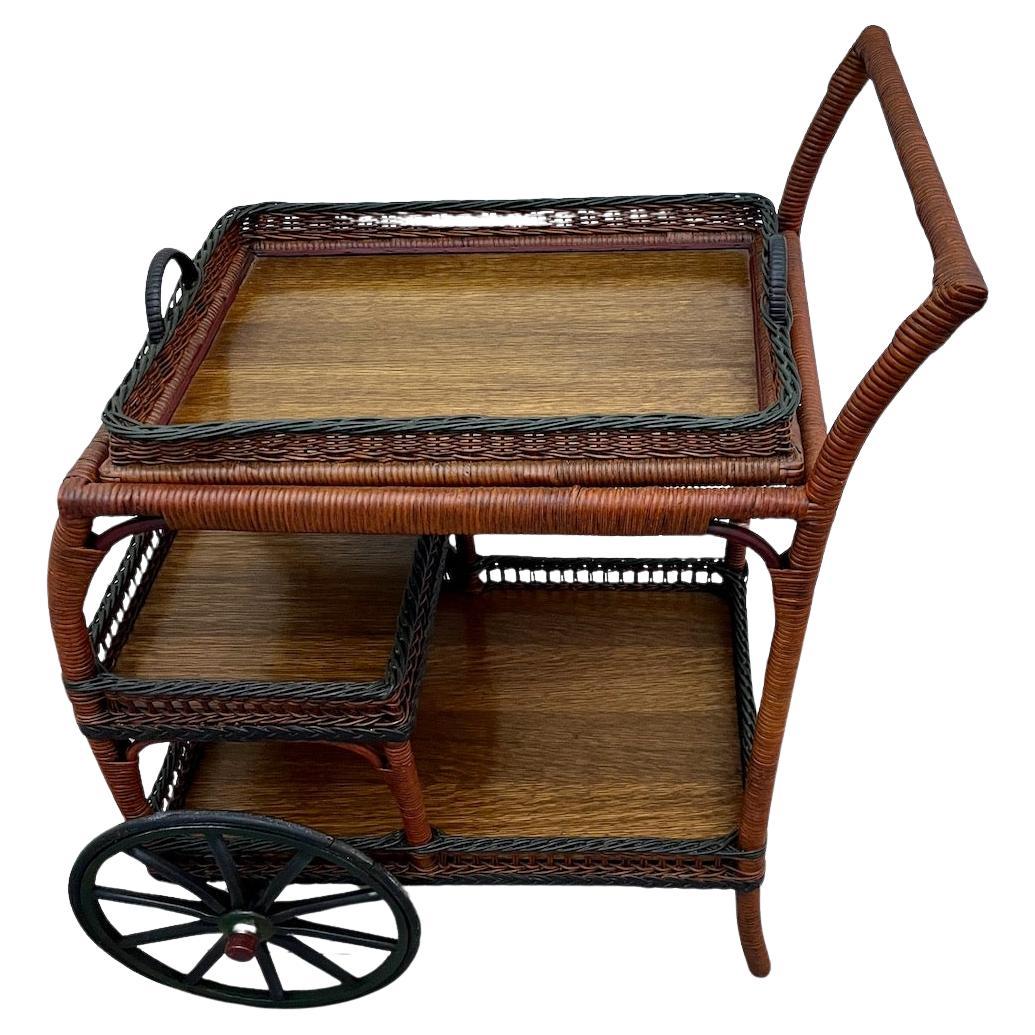 Varnished A Wicker Tea/Bar Cart with Serving Tray, Mid and Lower Shelf   W/ Bar Top Finish For Sale