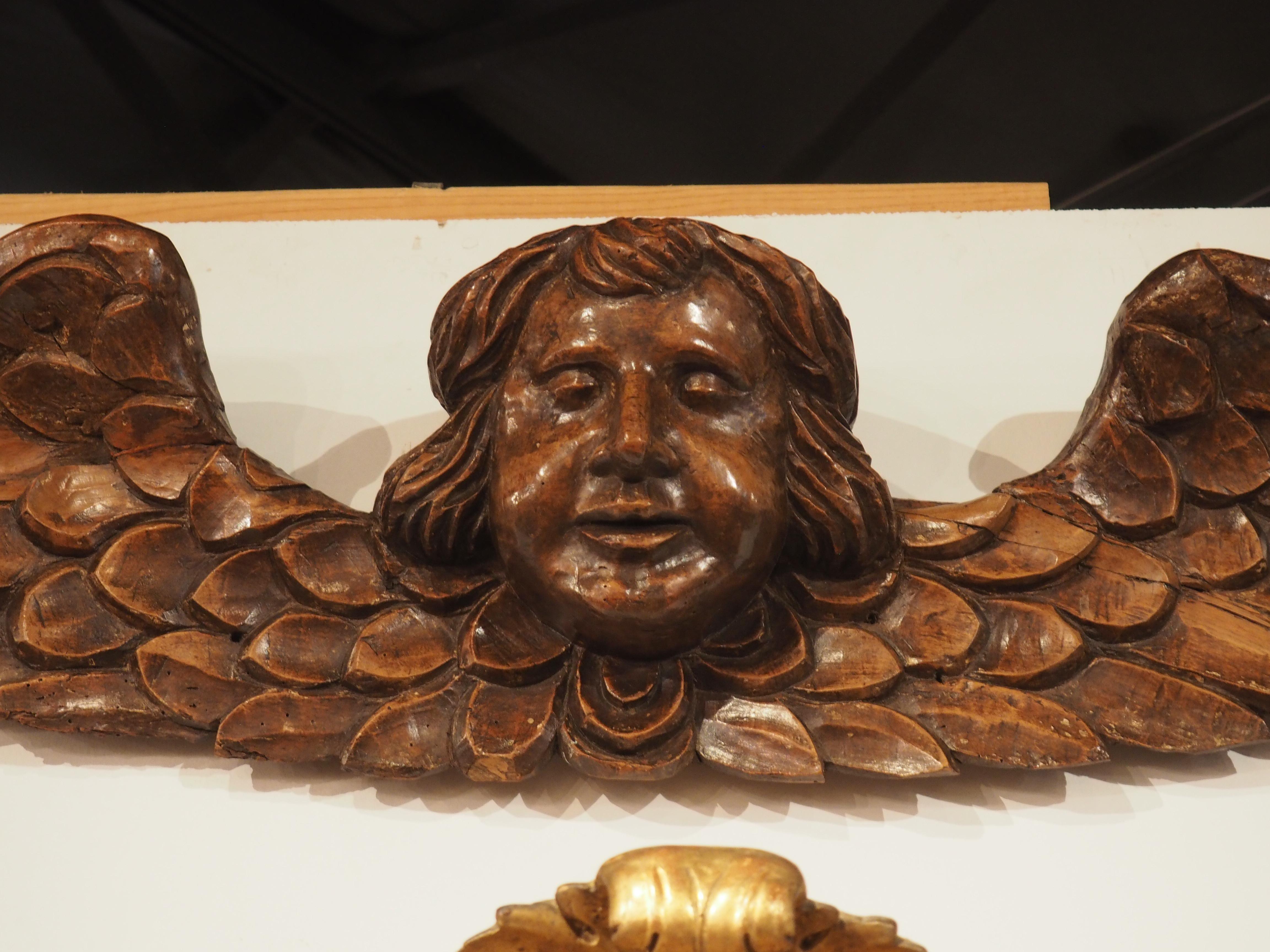 Breiter geflügelter Engel aus geschnitztem Nussbaumholz aus Frankreich, 17. Jahrhundert im Angebot 3