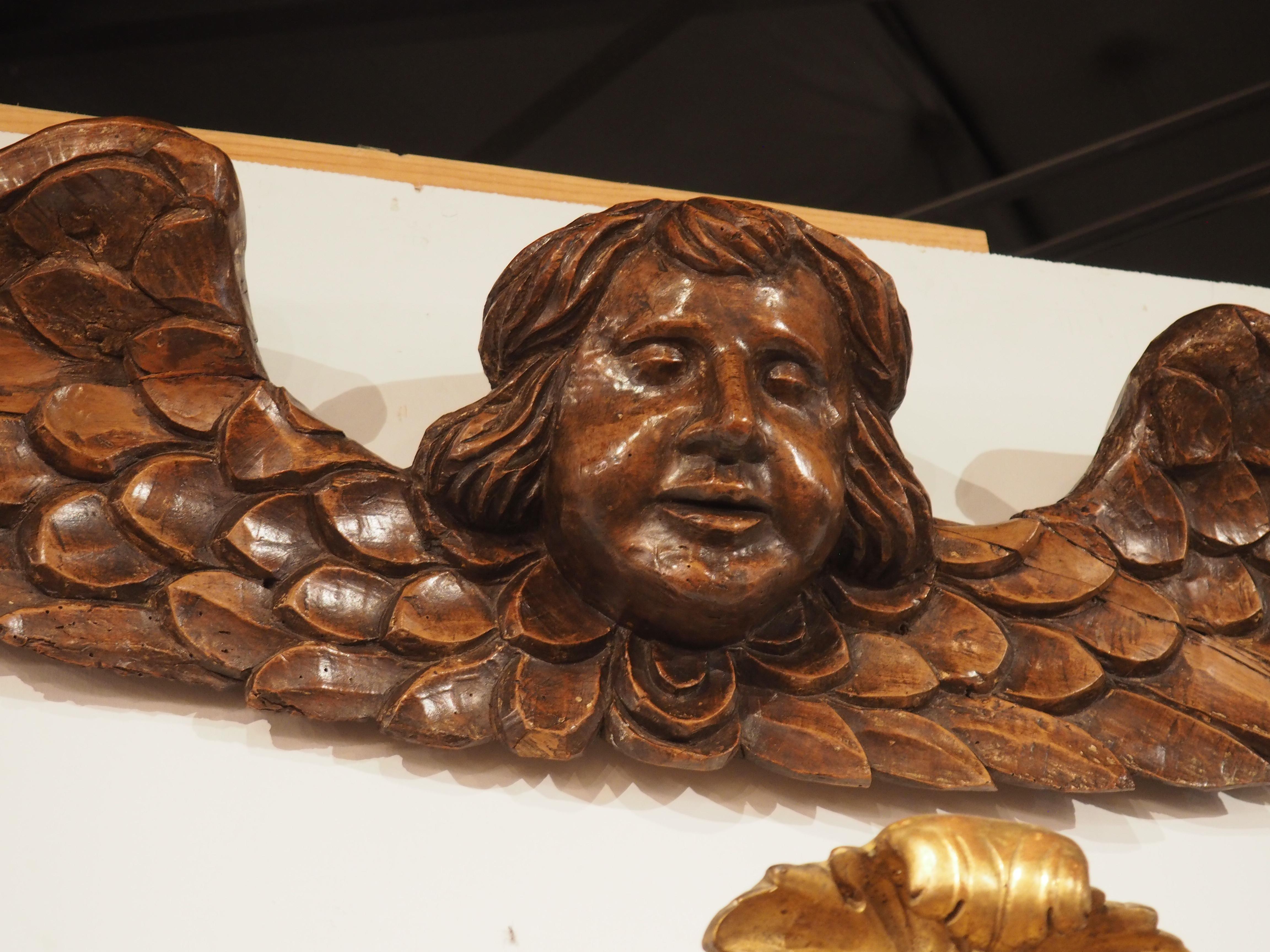A Wide 17th Century Winged Angel in Carved Walnut Wood from France For Sale 5