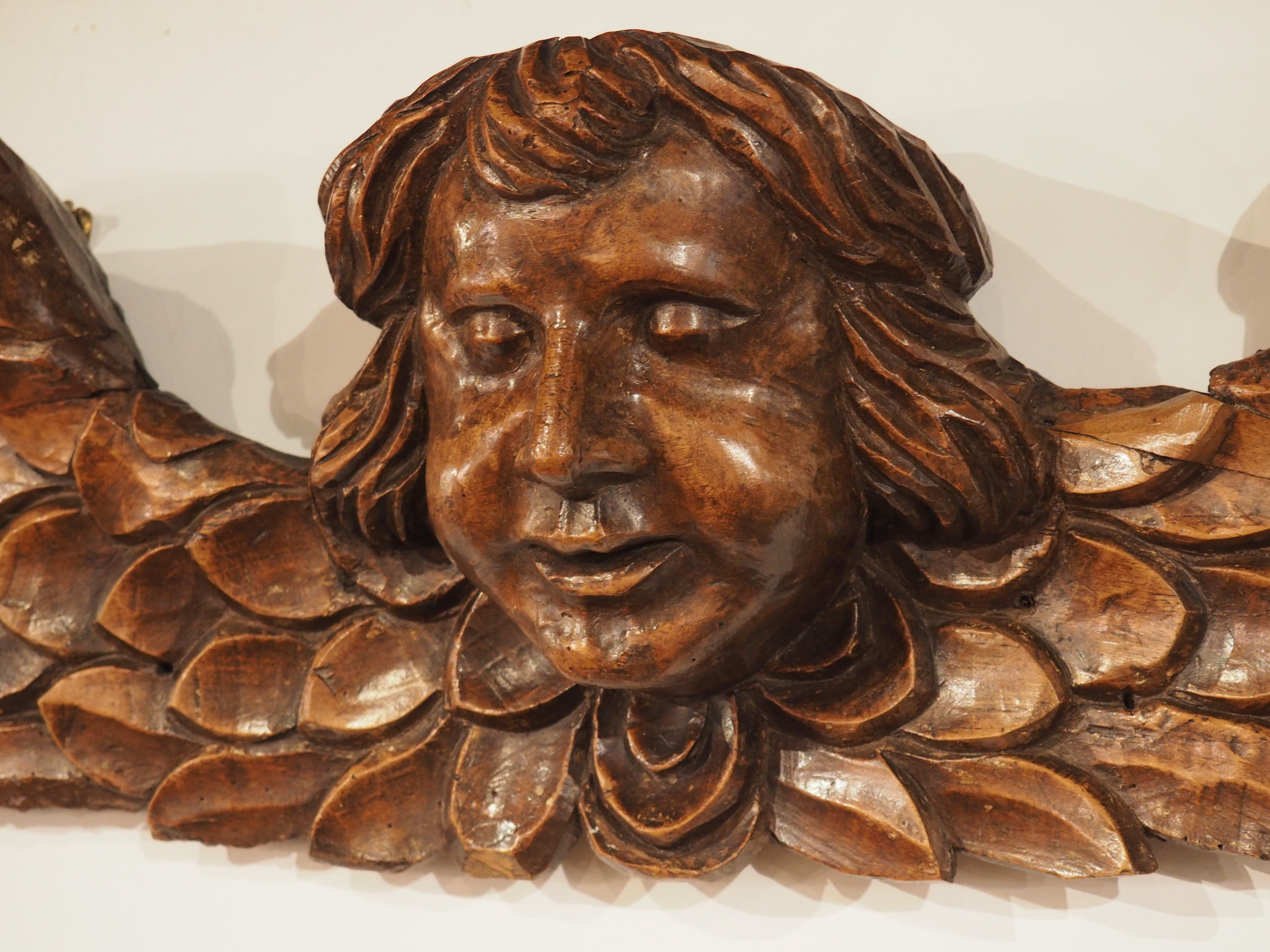 A Wide 17th Century Winged Angel in Carved Walnut Wood from France For Sale 2