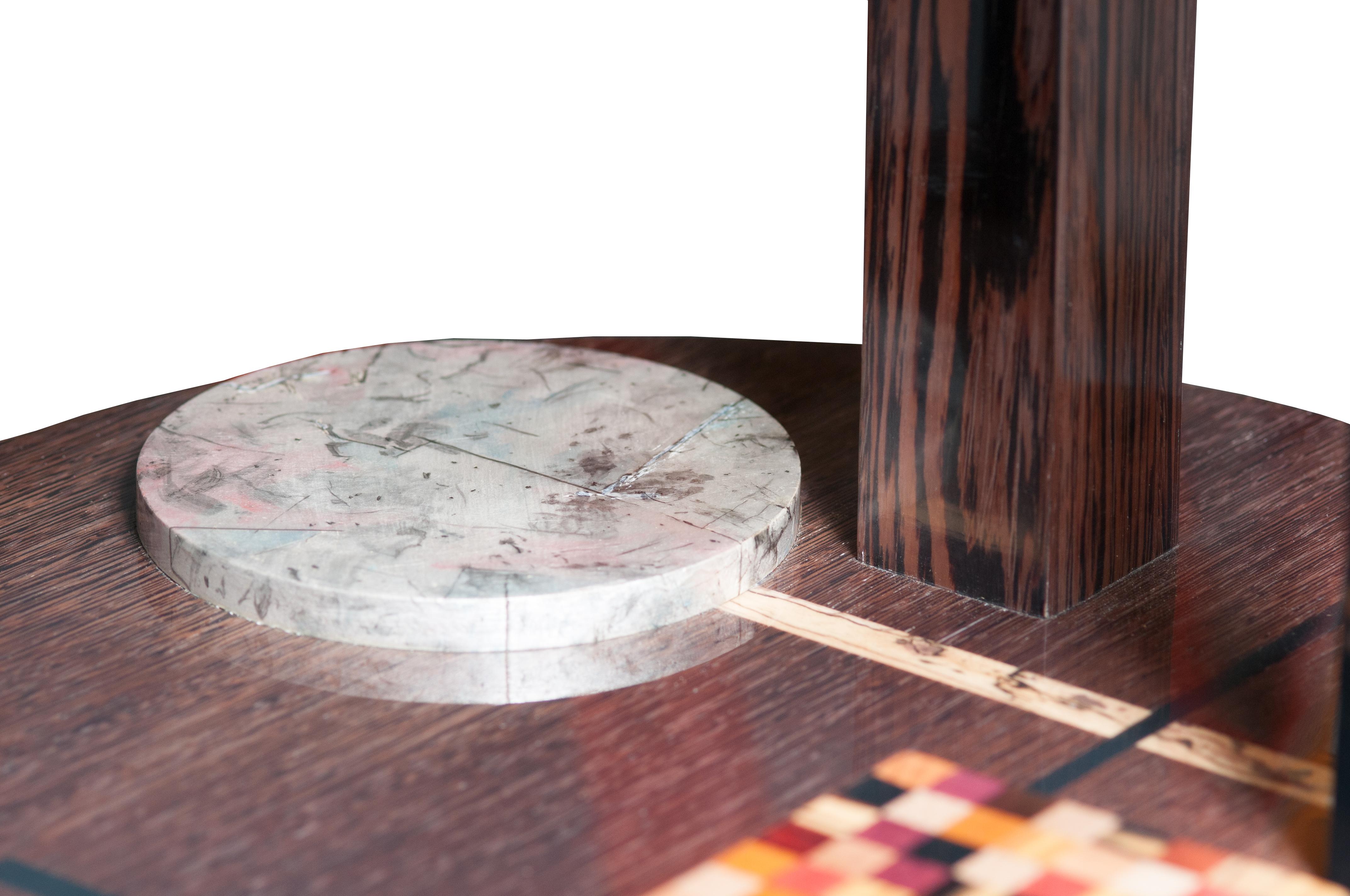 Wassily Kandinsky Inspired Colorful, Gilded, and Inlaid Round Wenge Side Table For Sale 2