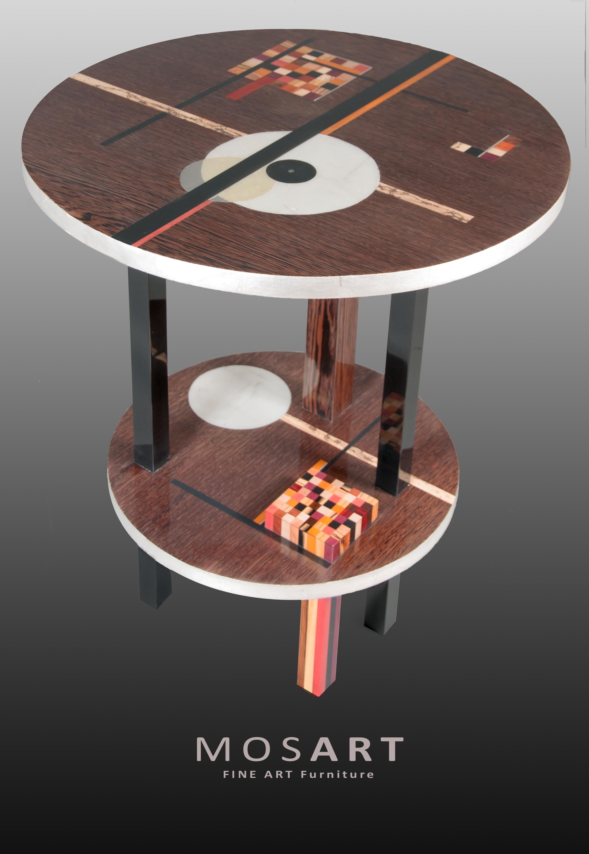 Expressionist Wassily Kandinsky Inspired Colorful, Gilded, and Inlaid Round Wenge Side Table For Sale