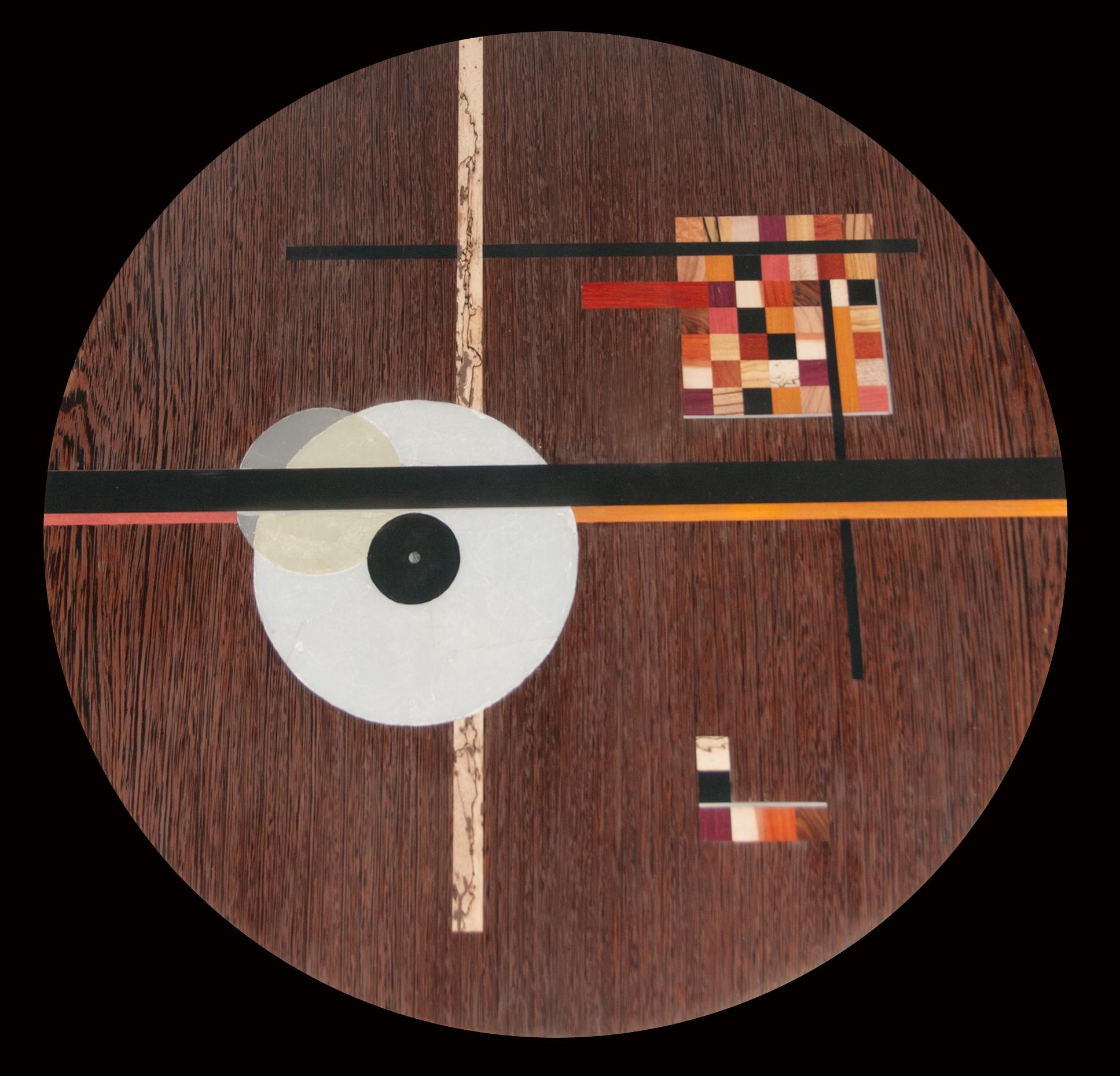 American Wassily Kandinsky Inspired Colorful, Gilded, and Inlaid Round Wenge Side Table For Sale