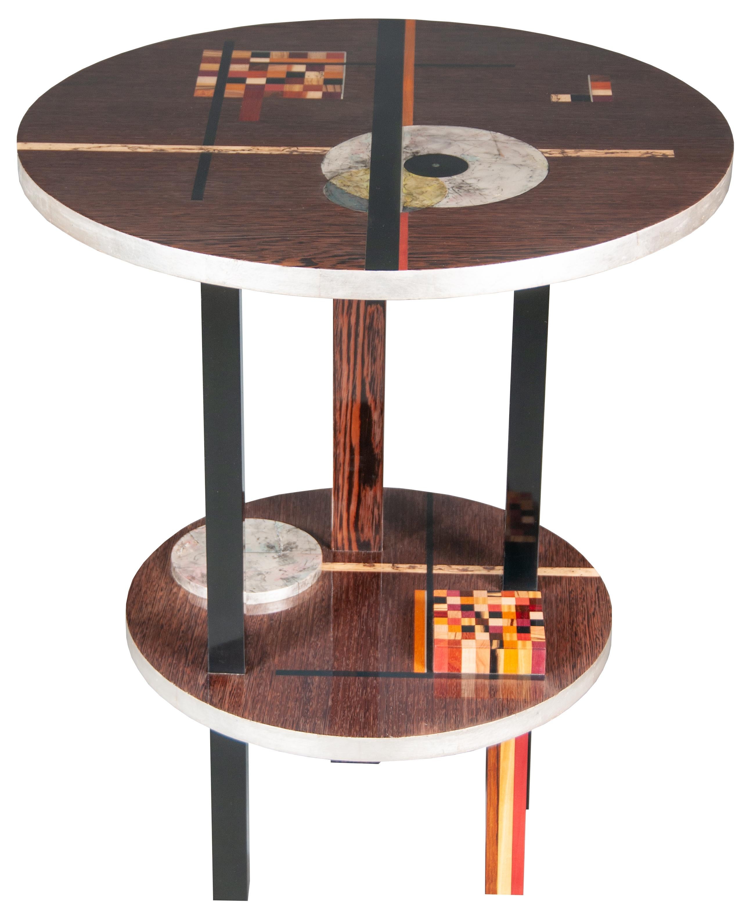 Gilt Wassily Kandinsky Inspired Colorful, Gilded, and Inlaid Round Wenge Side Table For Sale