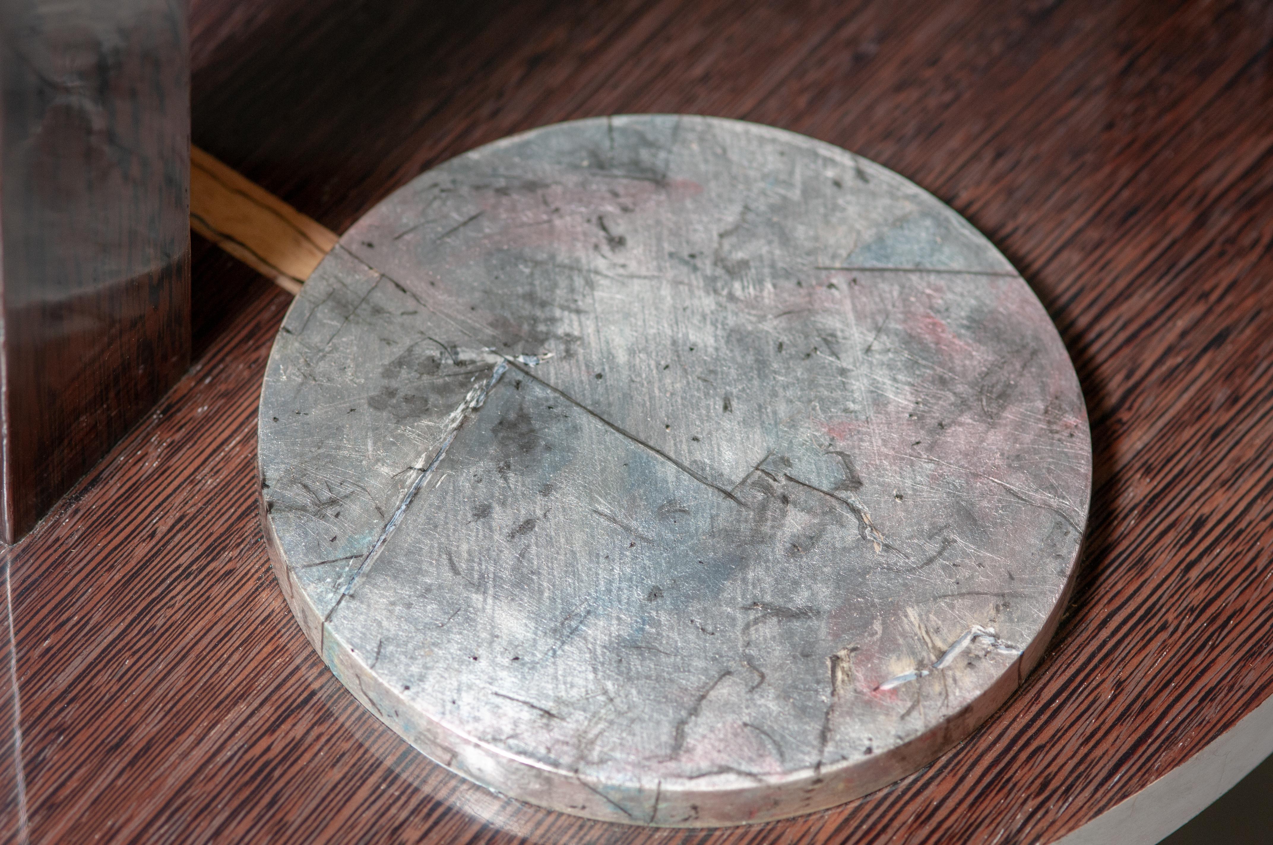 Silver Wassily Kandinsky Inspired Colorful, Gilded, and Inlaid Round Wenge Side Table For Sale