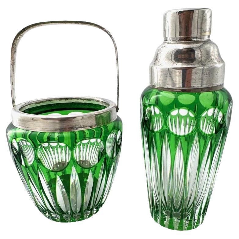 A Wilhelm Wolff 1940s crystal and silver plated cocktail shaker and ice bucket