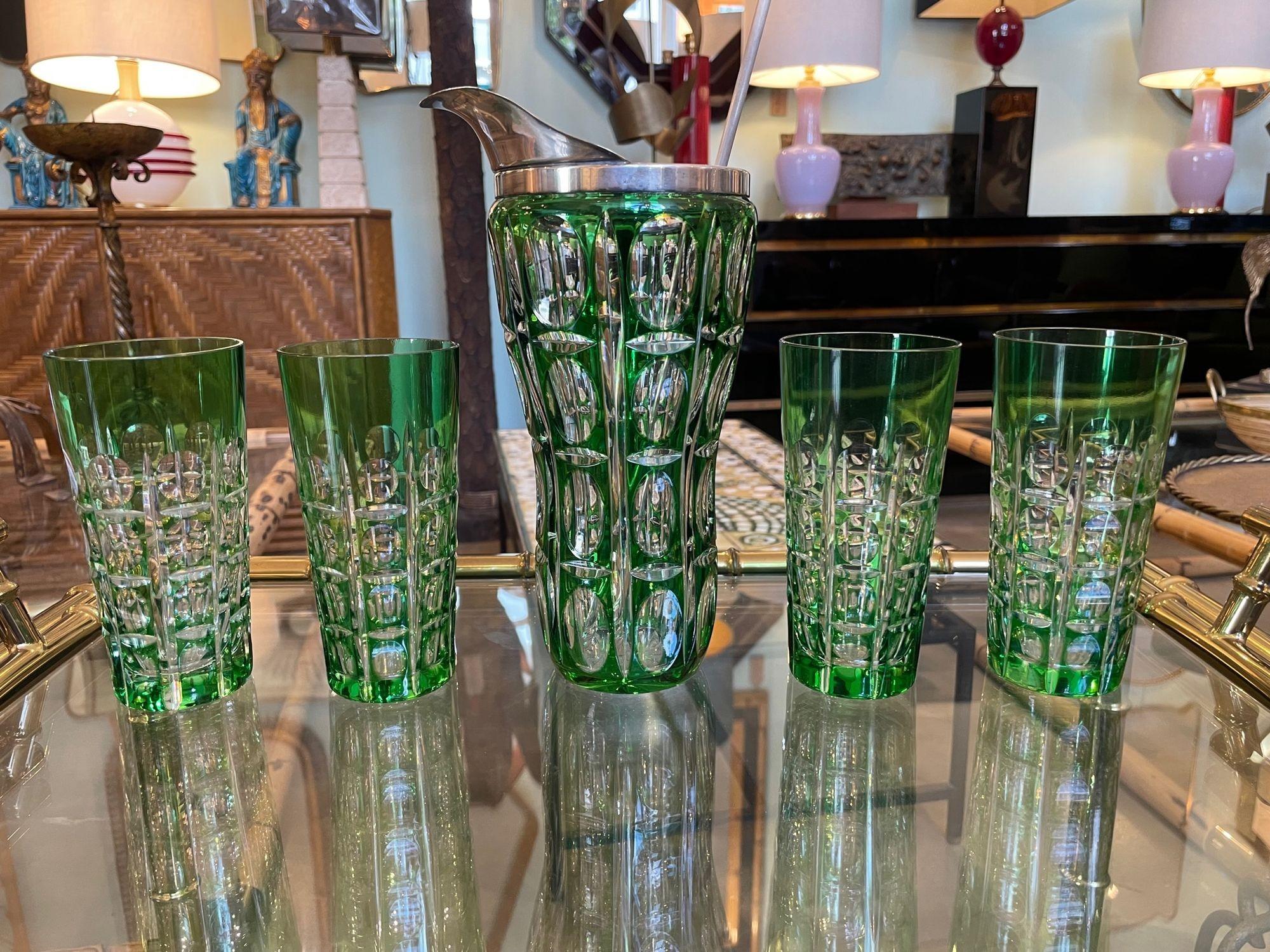 Etched A Wilhelm Wolff 1940s crystal cocktail jug set with matching glasses and spoon