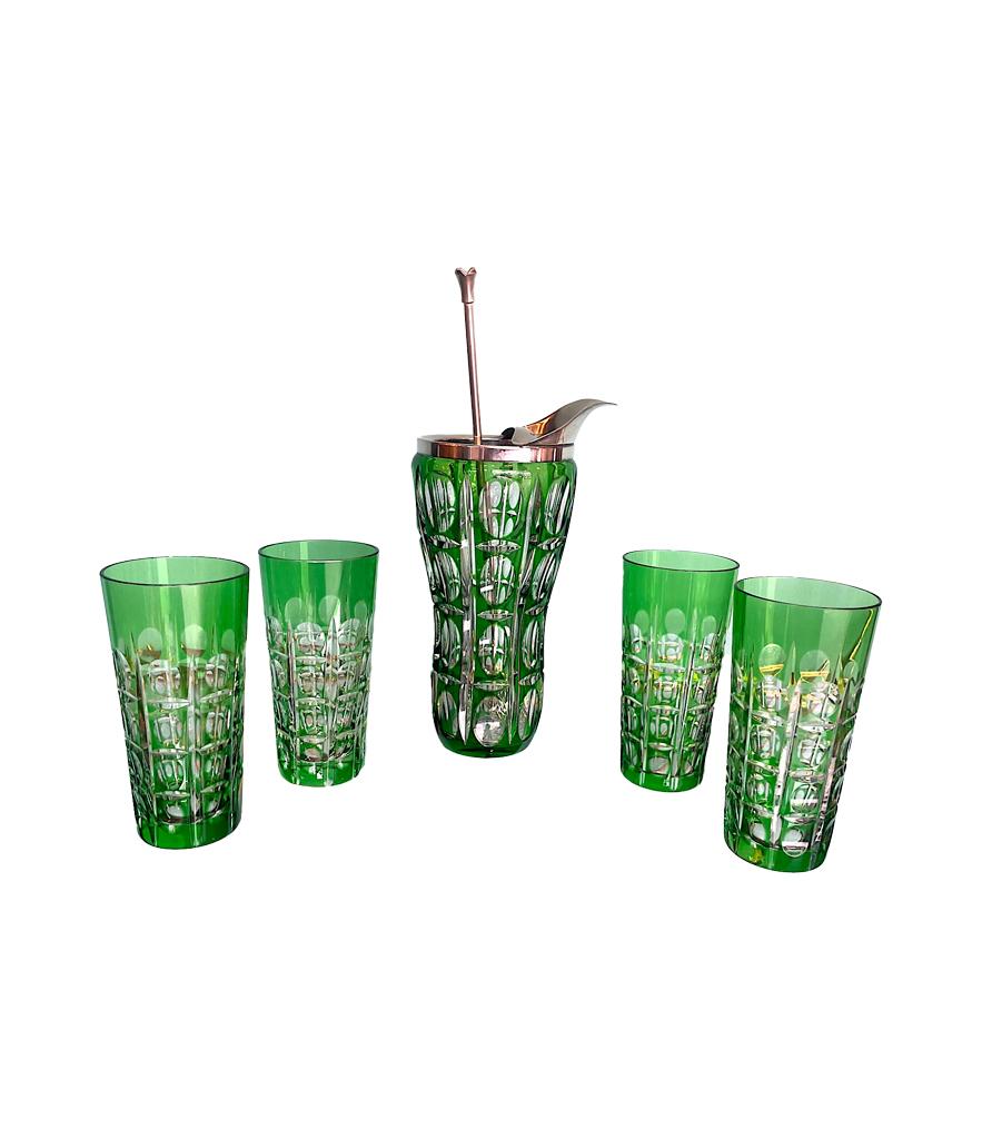 Etched A Wilhelm Wolff 1940s crystal cocktail jug set with matching glasses and spoon