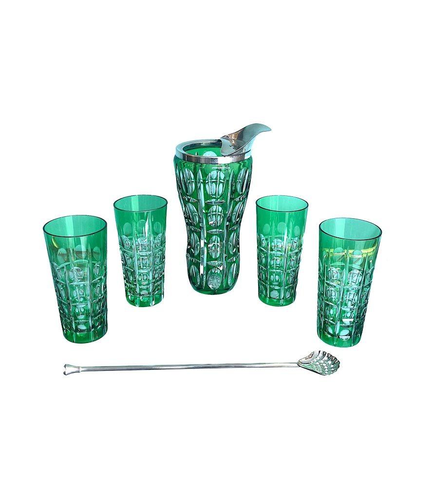 Silver Plate A Wilhelm Wolff 1940s crystal cocktail jug set with matching glasses and spoon
