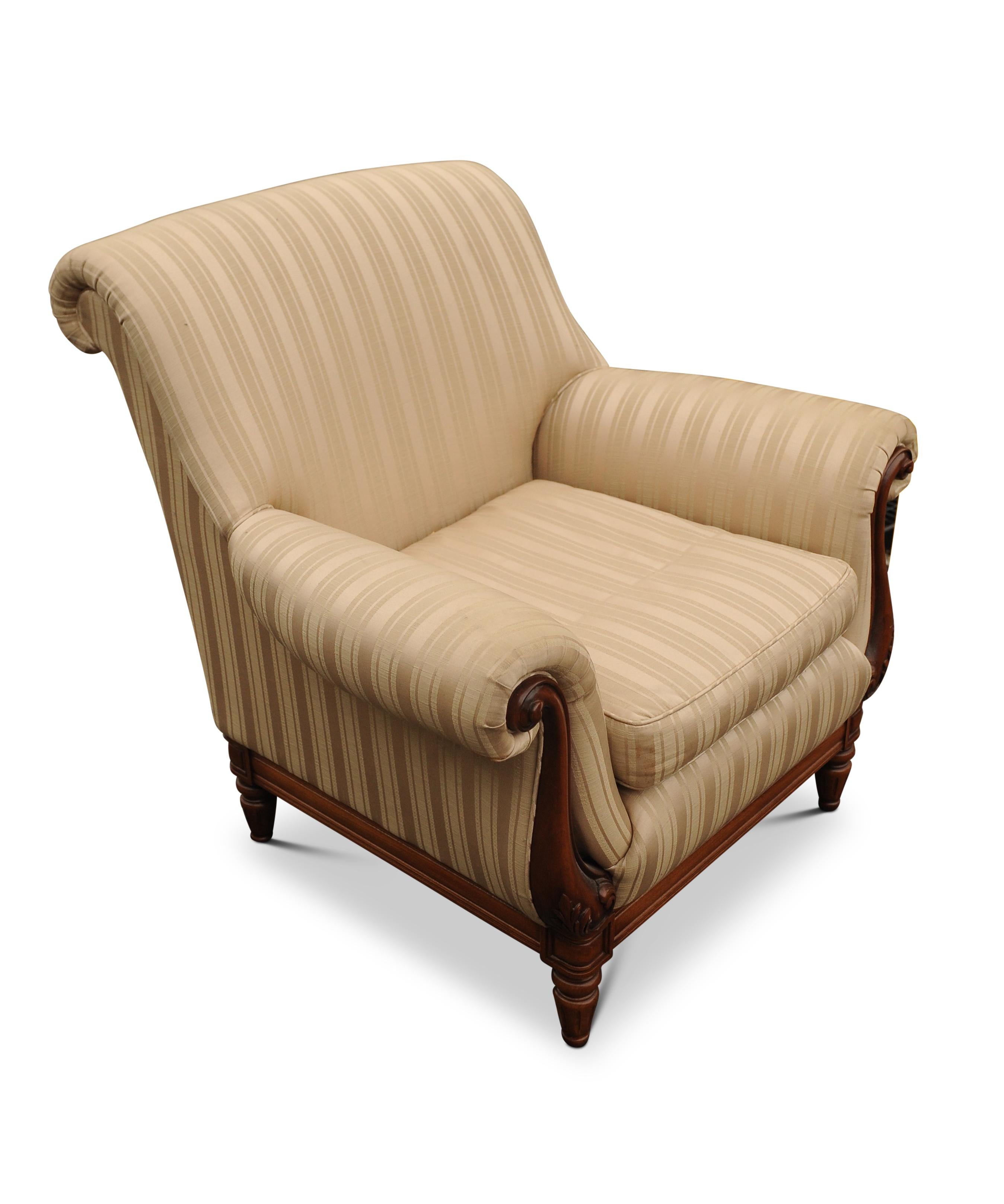 American A William IV Empire Design Library Armchair Striped Cream Silk Upholstery For Sale
