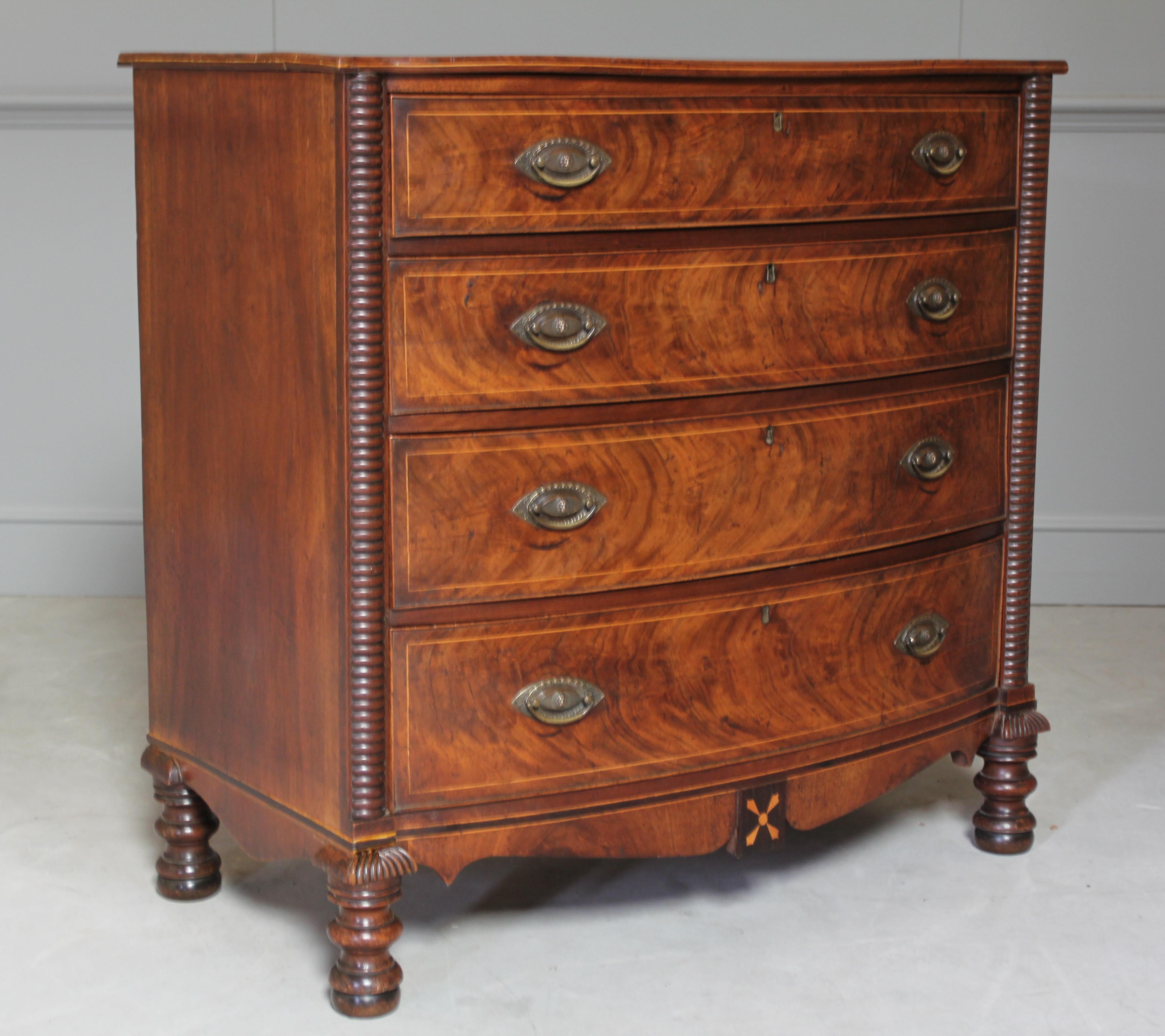 A William IV mahogany chest of drawers, the inlaid top over four long graduated inlaid drawers. on turned feet.
Coming from the short period of King William IV this chest of drawers is truly something special and without doubt offers great value.