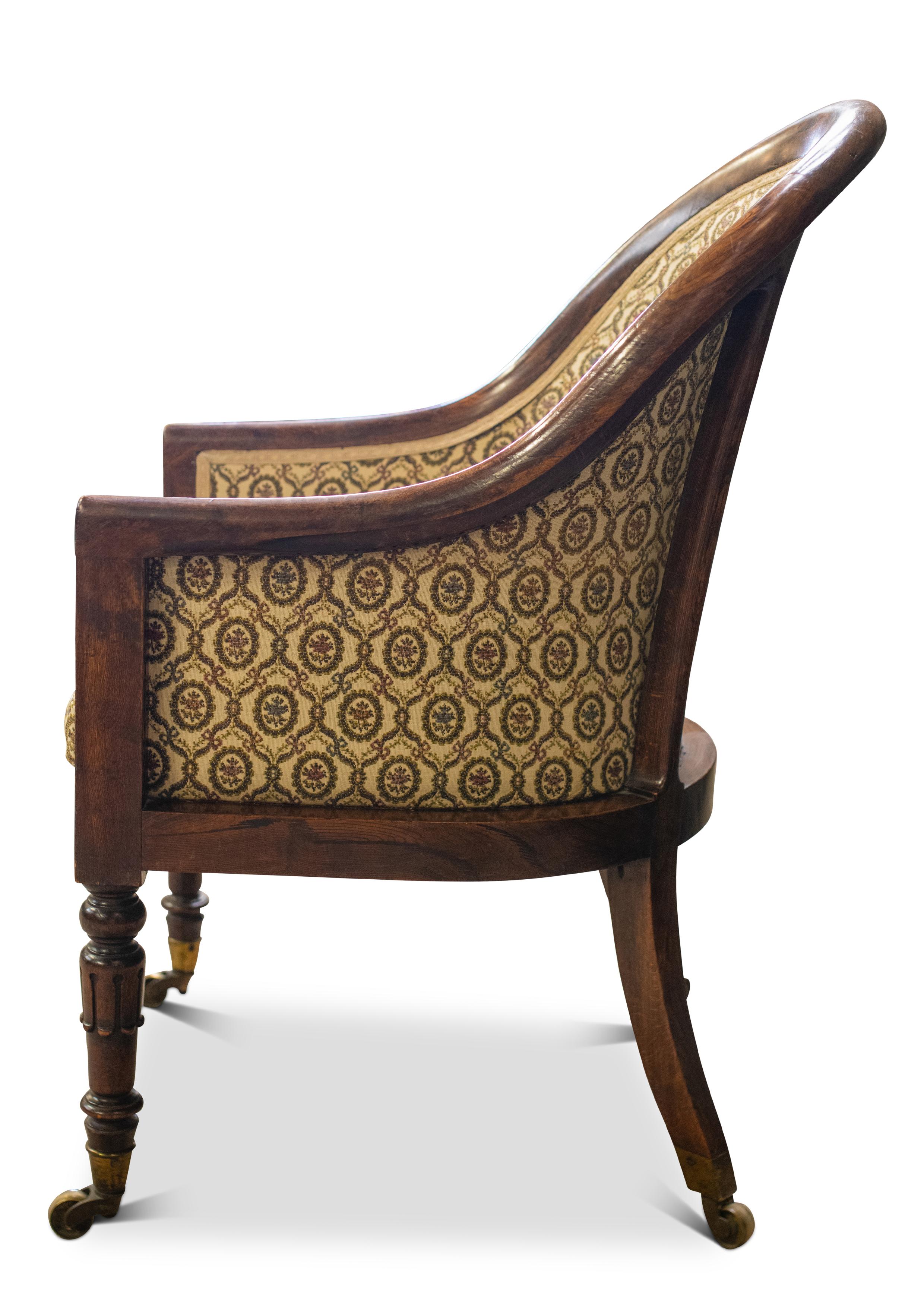 British William IV Mahogany Tub Chair, on Ring Turned Supports with Original Castors