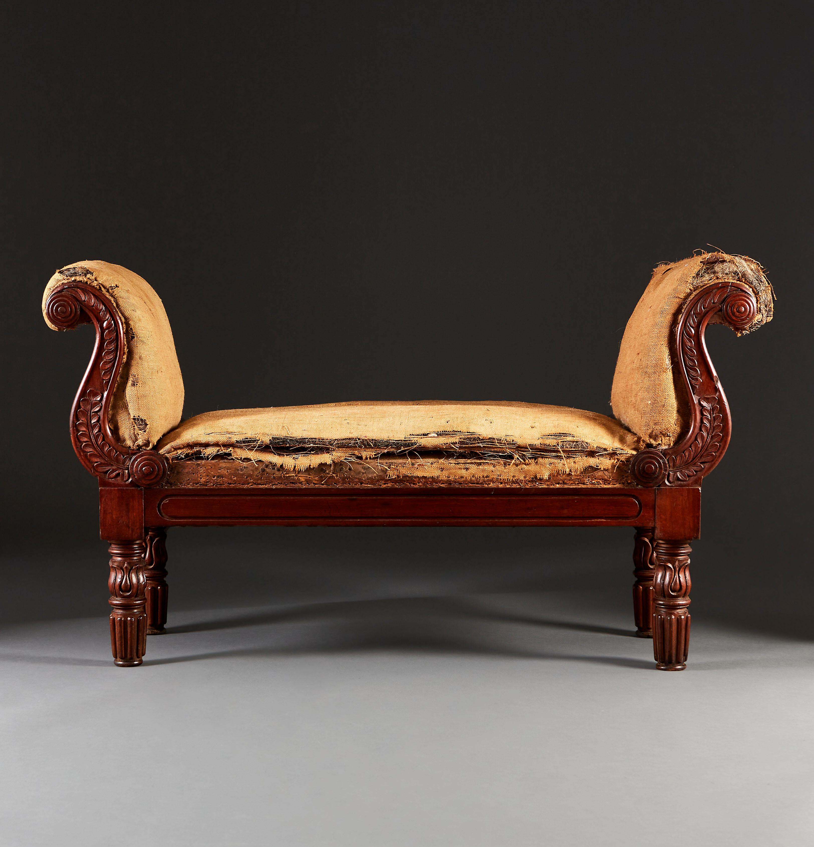 English William IV Mahogany Window Seat with Scrolling Arms For Sale