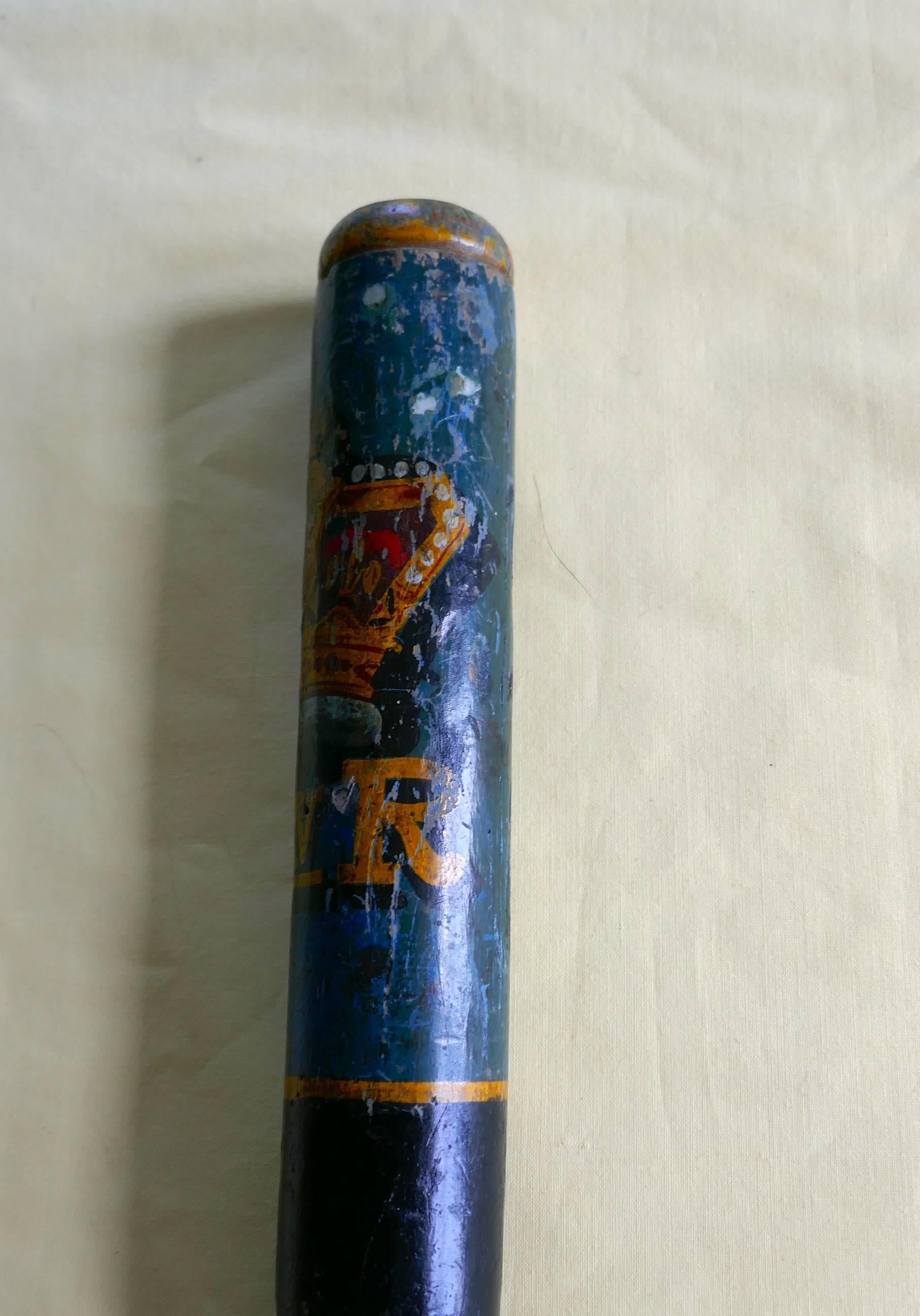 A William IV Policeman’s truncheon

A great piece of social history, the baton has a shaped handle, the lower part is ebonised and the upper part has a blue background with the crown cypher for W IV R.

A good honest piece unrestored piece, it