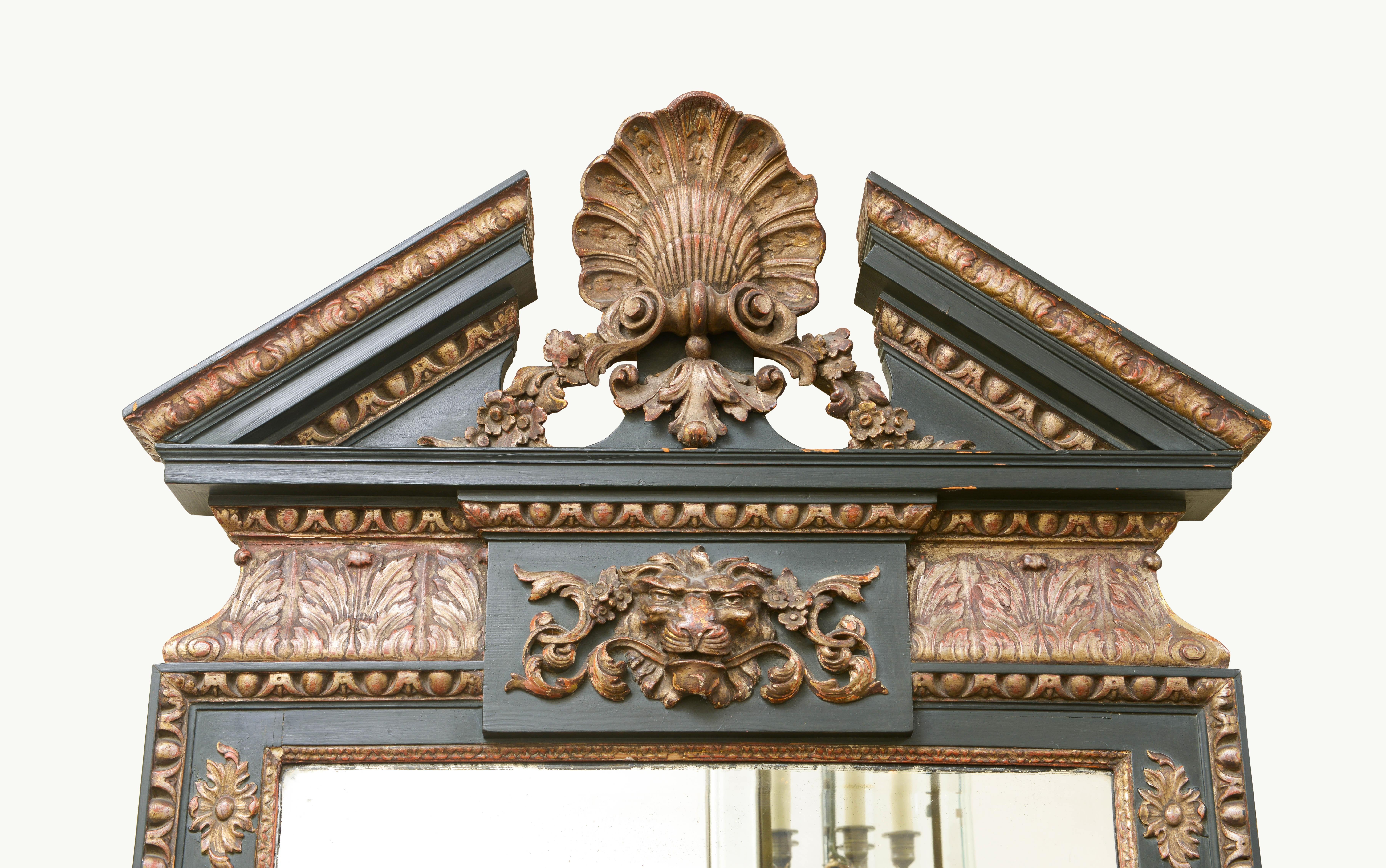 Beveled A William Kent Style Ebonized and Parcel Gilt Pier Mirror For Sale