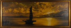 Zeitgenössisches Ölgemälde, Chinese Junk Boat At Sunset, von A. Williams