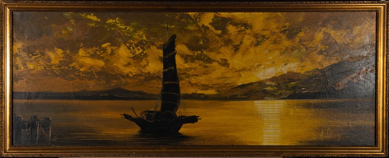 A dramatic contemporary acrylic seascape showing the silhouette of a Chinese junk boat against a striking yellow sunset. This panoramic painting has been signed by the artist in the lower right and the painting has been presented in a contemporary