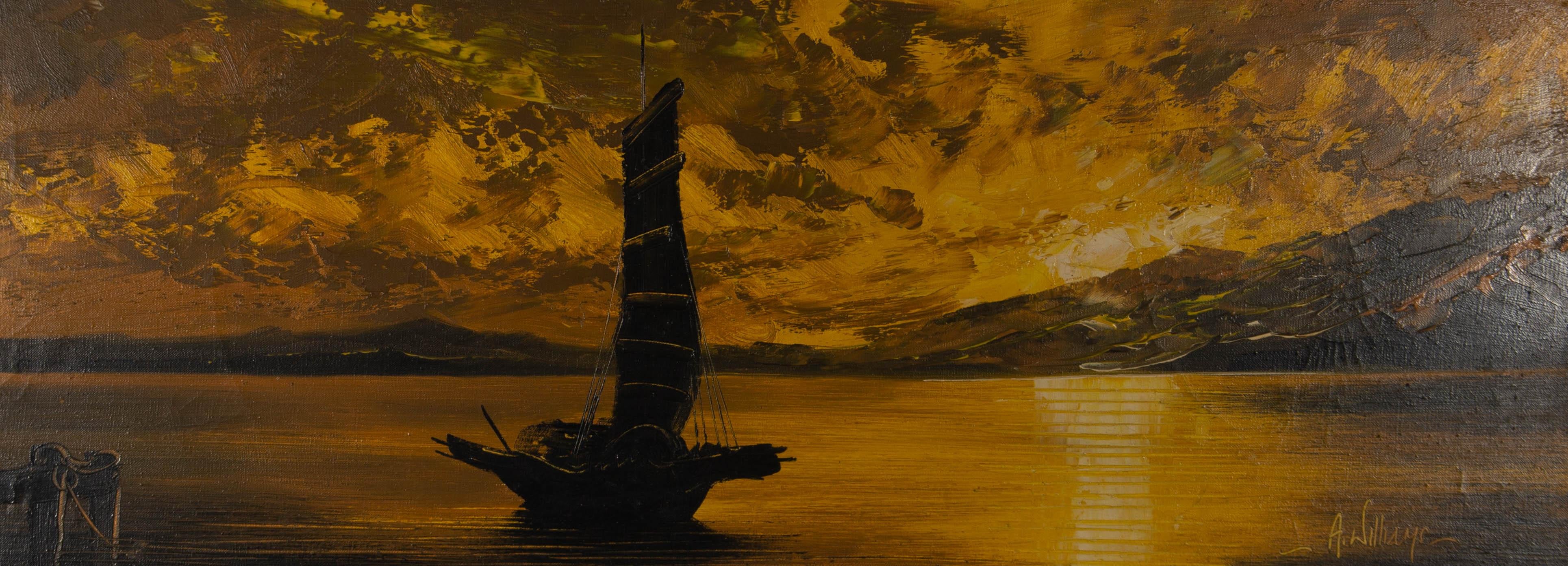 A dramatic contemporary acrylic seascape showing the silhouette of a Chinese junk boat against a striking yellow sunset. This panoramic painting has been signed by the artist in the lower right and the painting has been presented in a contemporary