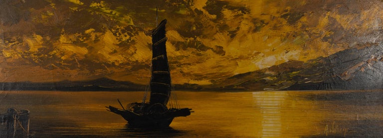 A. Williams - Contemporary Oil, Chinese Junk Boat At Sunset For Sale 1