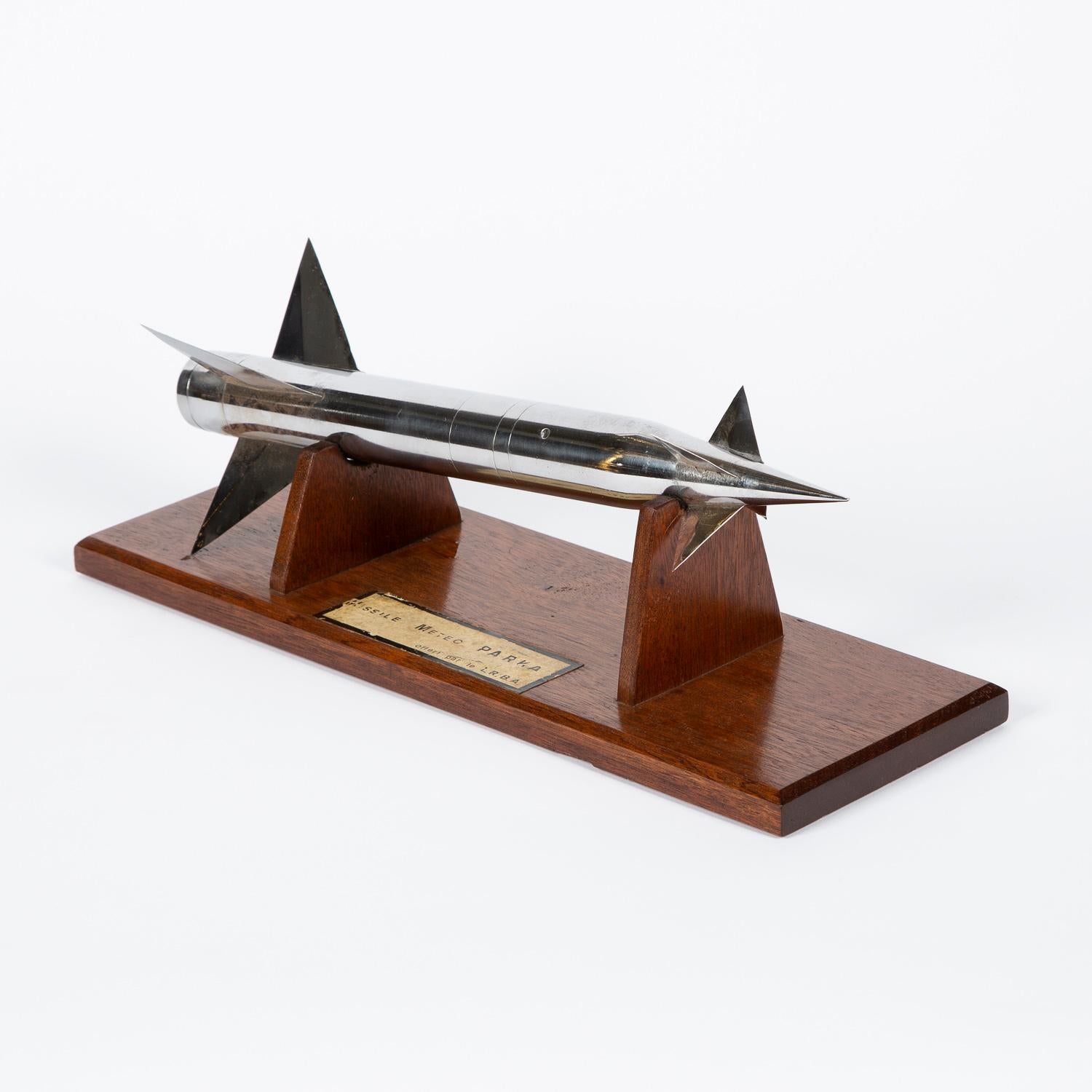 A wind tunnel model of a French sounding (meteorological) rocket by Laboratoires Recherches Balistiques et Aérodynamiques (L.R.B.A). Circa 1950.

Length of model 40 cm.

Weight of model: 1.9 kg.

Mounted on a wooden Stand, with paper label: MISSILE