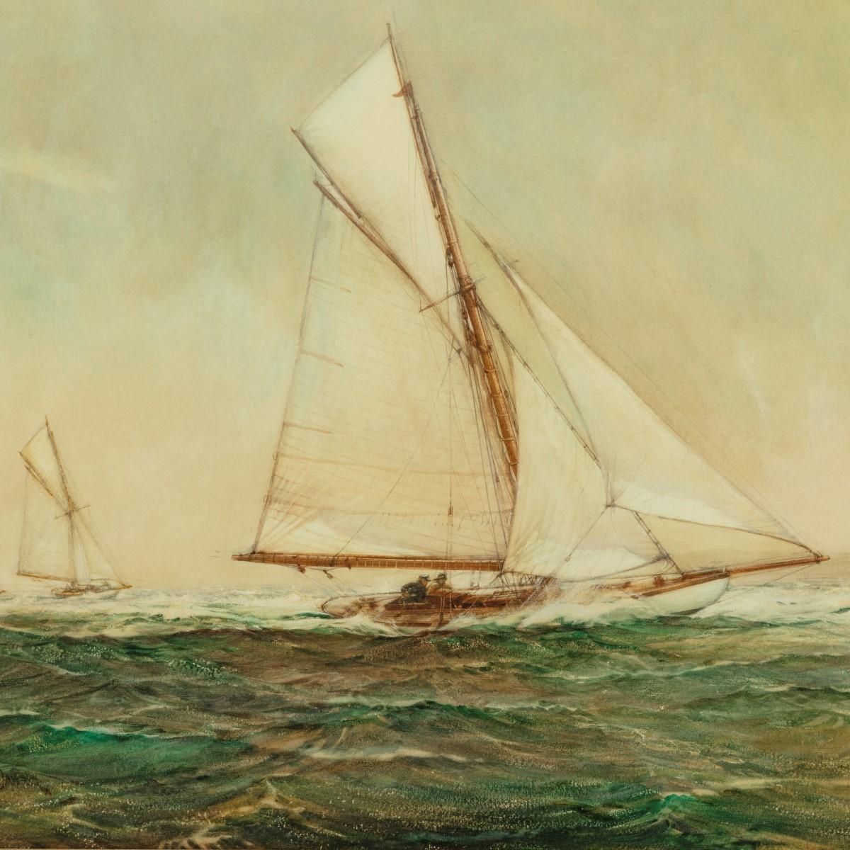 ‘A Windy Day’ by Montague Dawson,watercolour heightened with white on artist board showing a gaff rigged yacht in the foreground with two astern in the distance, the water realistically painted with an approaching line squall to weather, signed