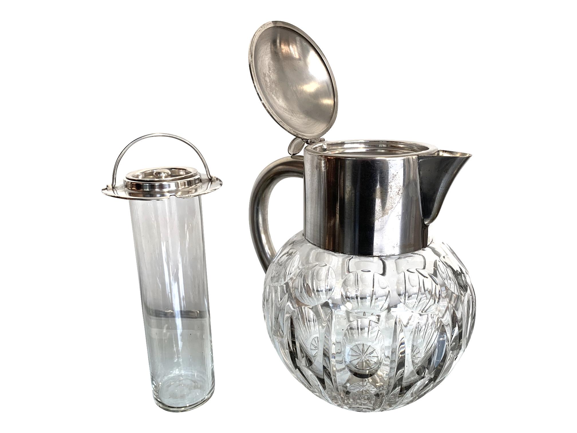German Wmf Silver Plated Crystal Lemonade / Cocktail Jug Engraved with Circle Motifs For Sale