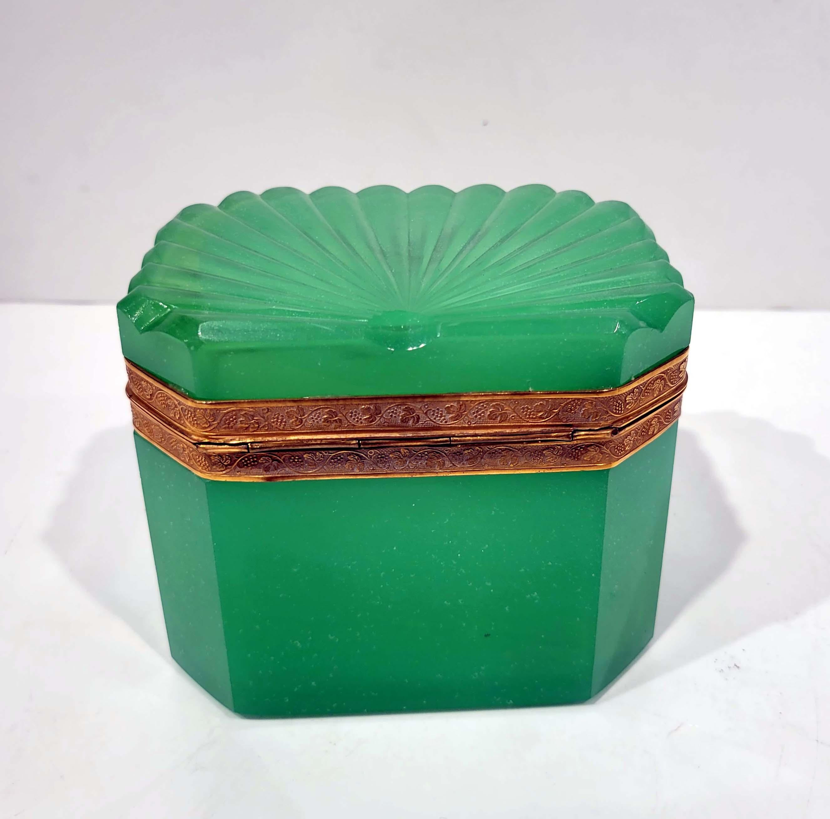 Polished Woderful French Green Opaline Trinket Box Circa 1840