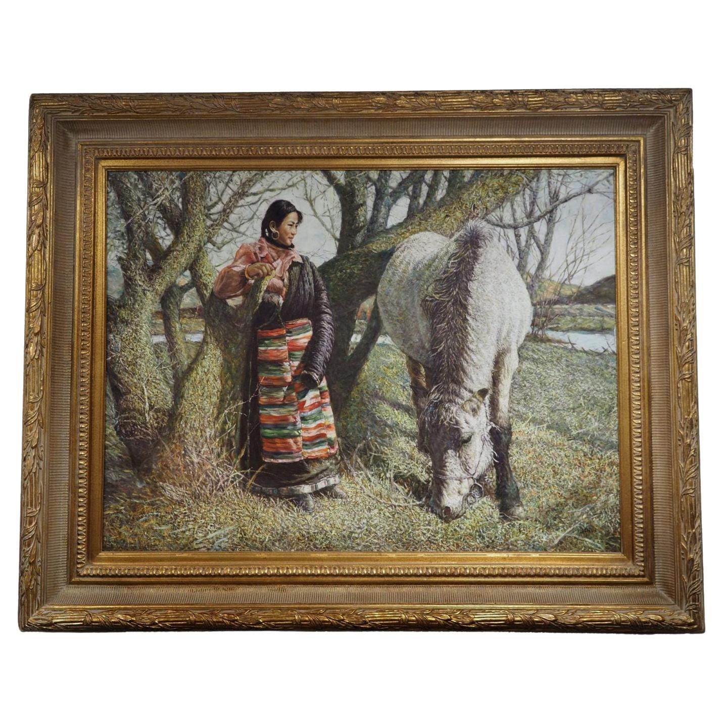 Huile sur toile originale "Femme et son cheval"