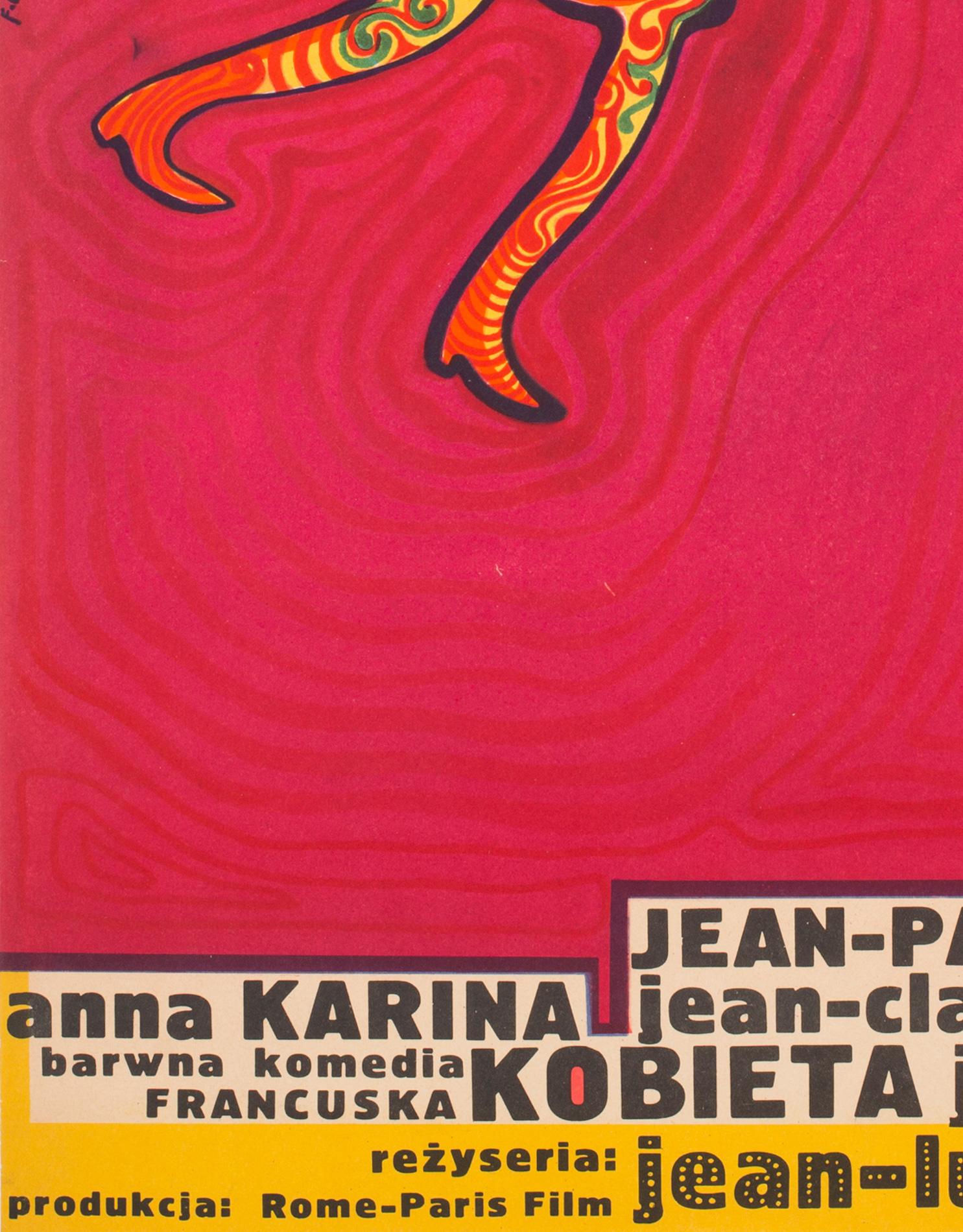 Wonderful, rare polish film poster for Jean-Luc Godard's 1960s rom com Une femme est une femme (aka A Woman Is a Woman).

This vintage movie poster is sized 23 1/4 x 33 1/4 inches.