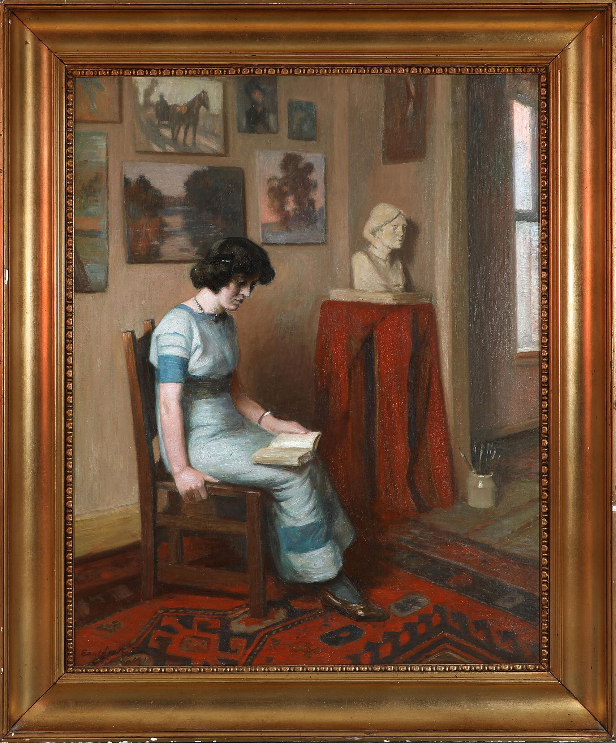 A woman reading in an interior. Indistinct signature Ca[....]. Danish painter beginning of the 20th century. Oil on canvas. Original frame.