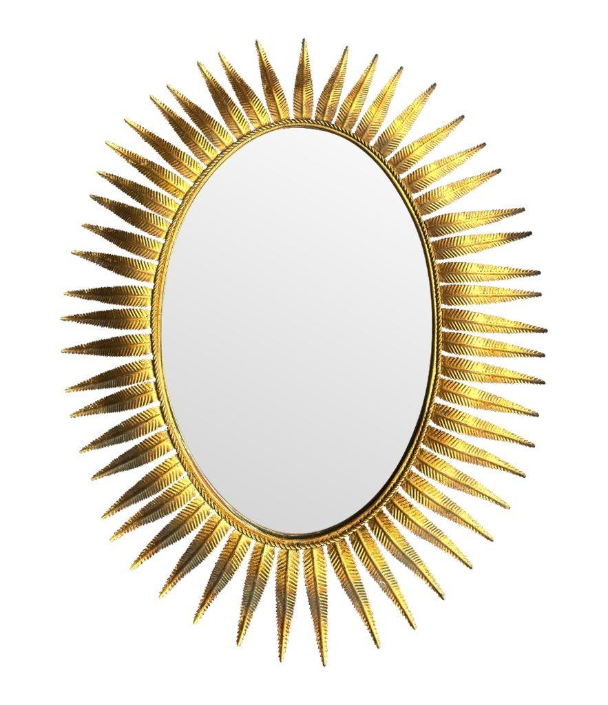 A wonderful 1950s gilt metal oval Spanish sunburst, eyelash mirror For Sale 8