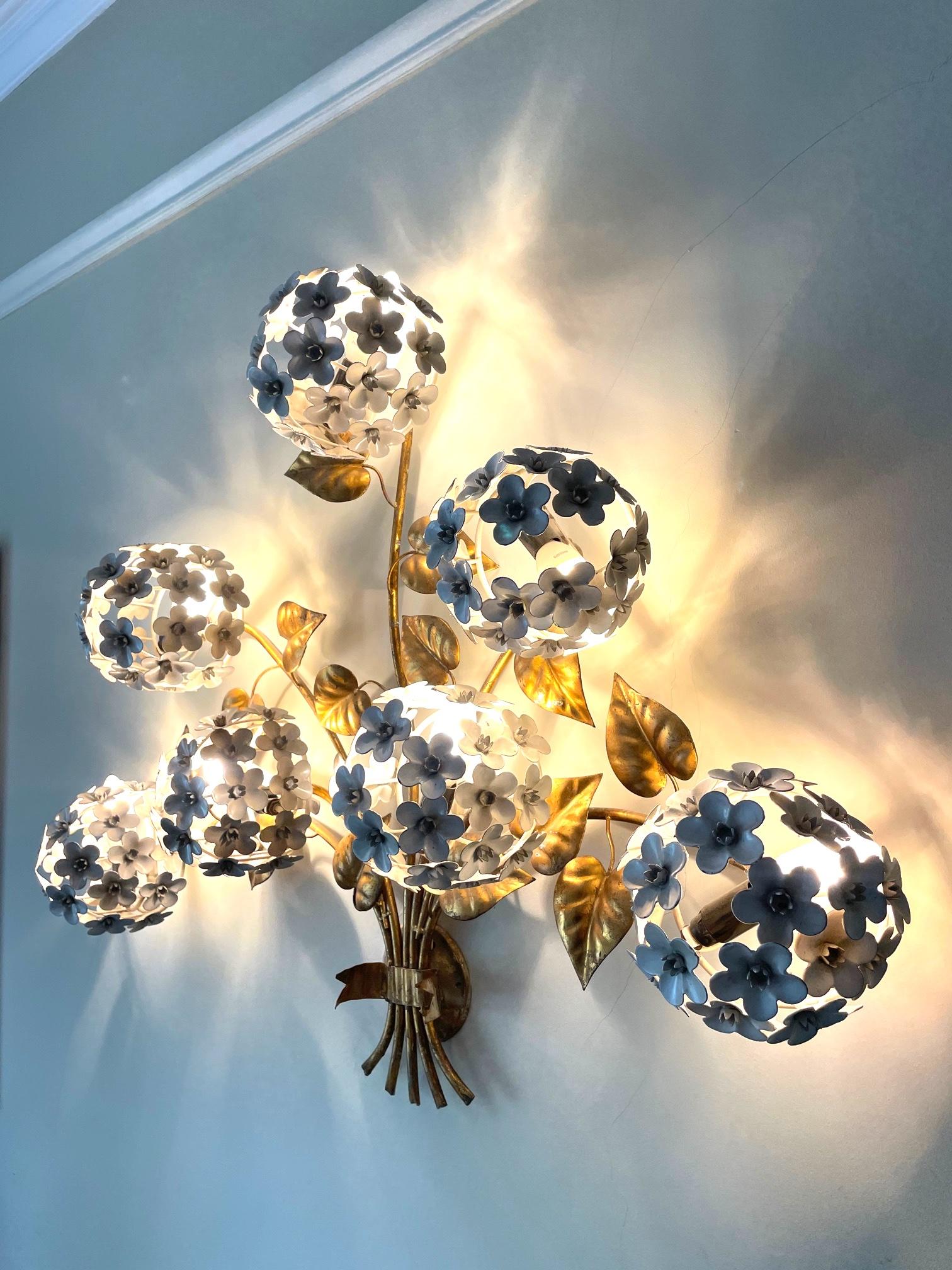 Wonderful 1950s Hydrangea Wall Light with Seven Lights Behind the Flowers 5