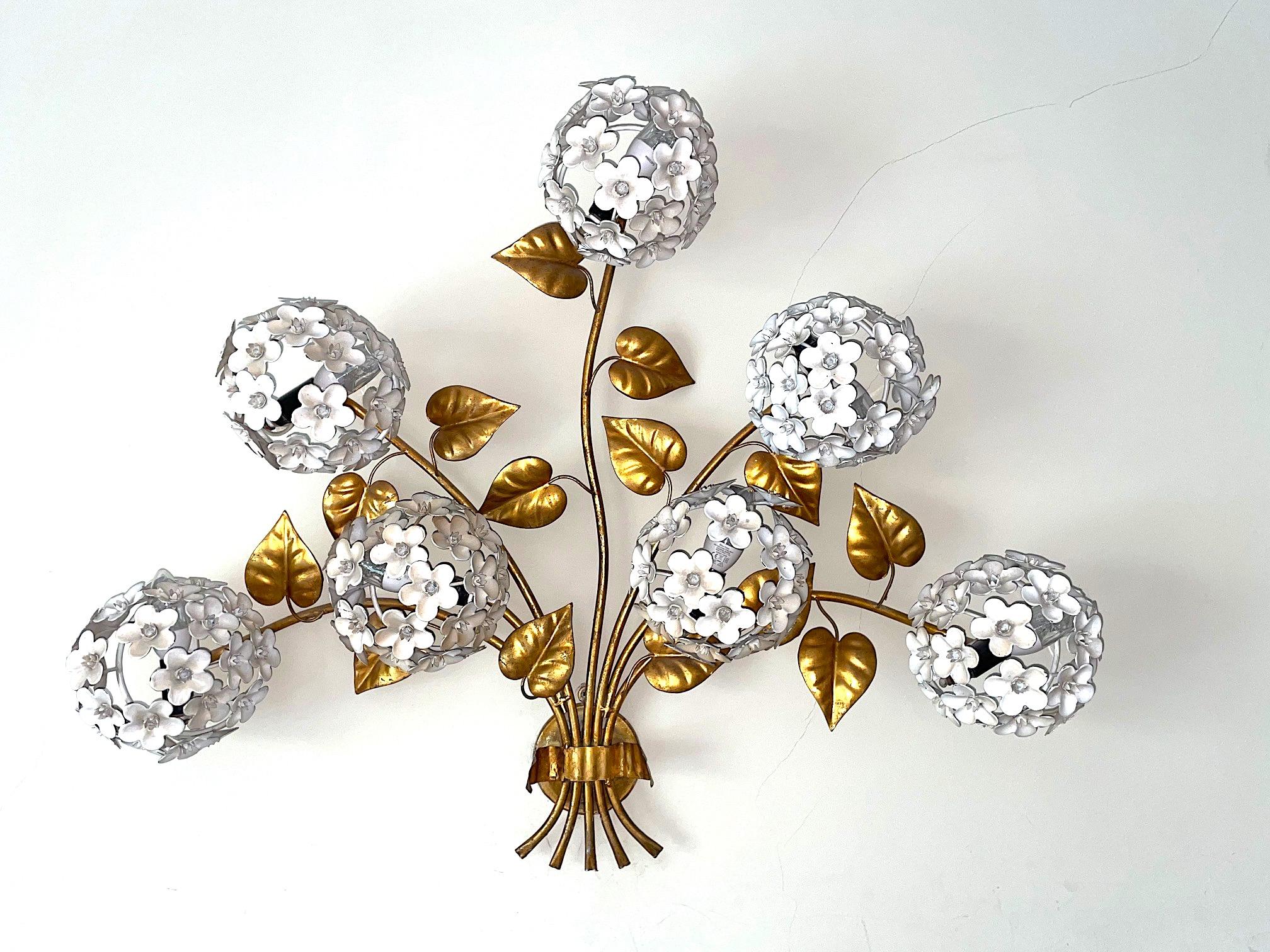 Wonderful 1950s Hydrangea Wall Light with Seven Lights Behind the Flowers 7