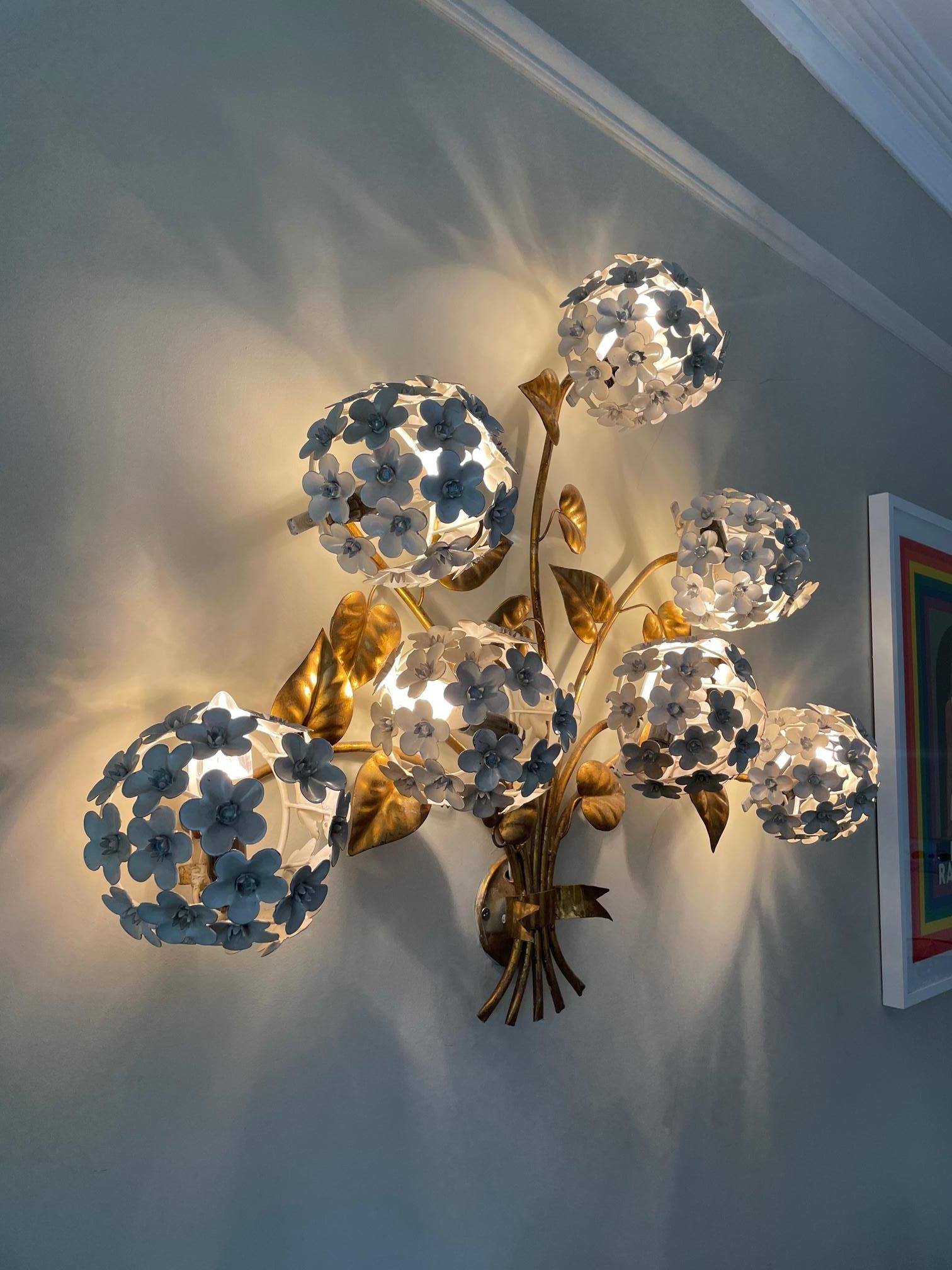 Wonderful 1950s Hydrangea Wall Light with Seven Lights Behind the Flowers 9