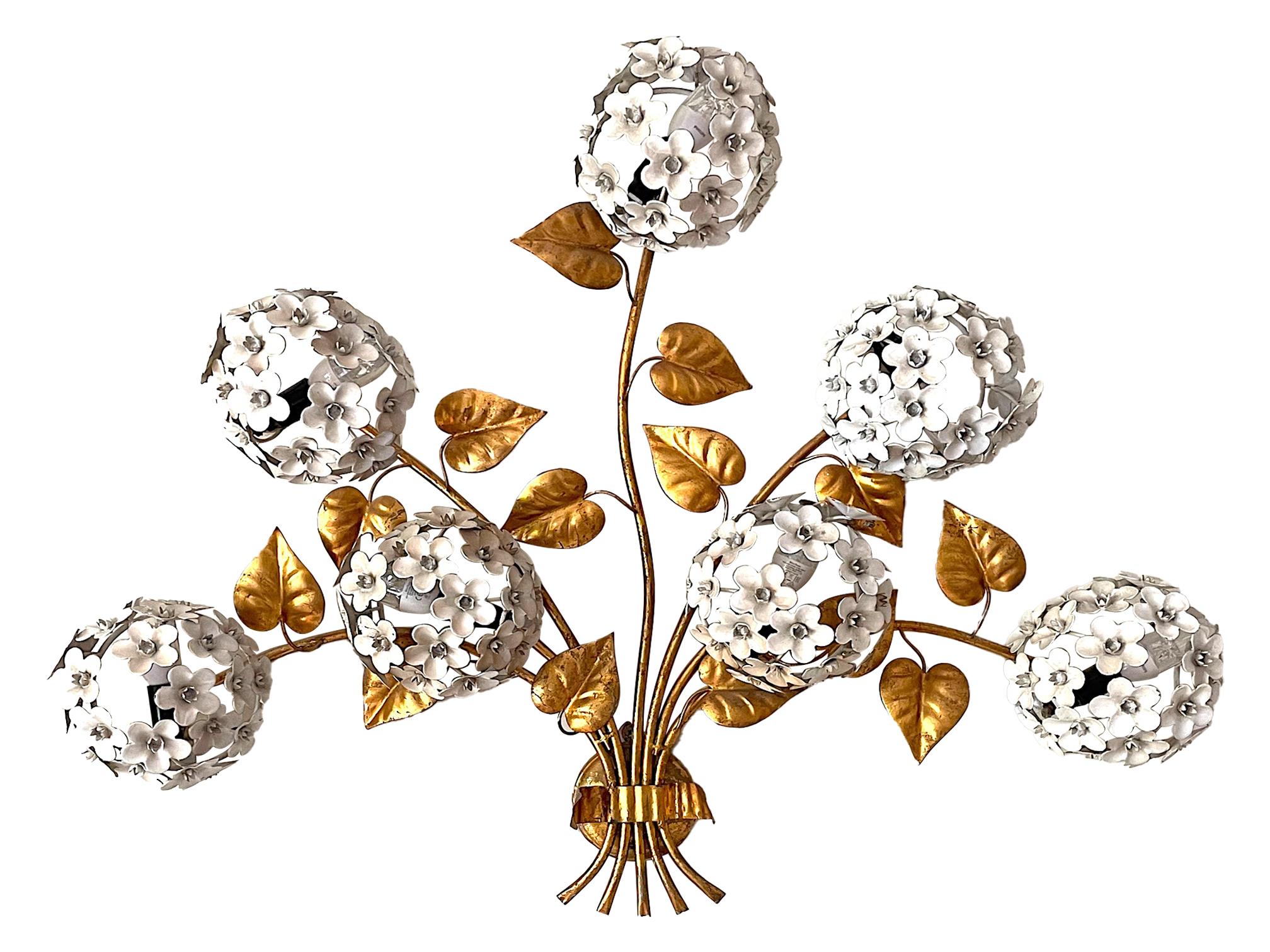 French Wonderful 1950s Hydrangea Wall Light with Seven Lights Behind the Flowers